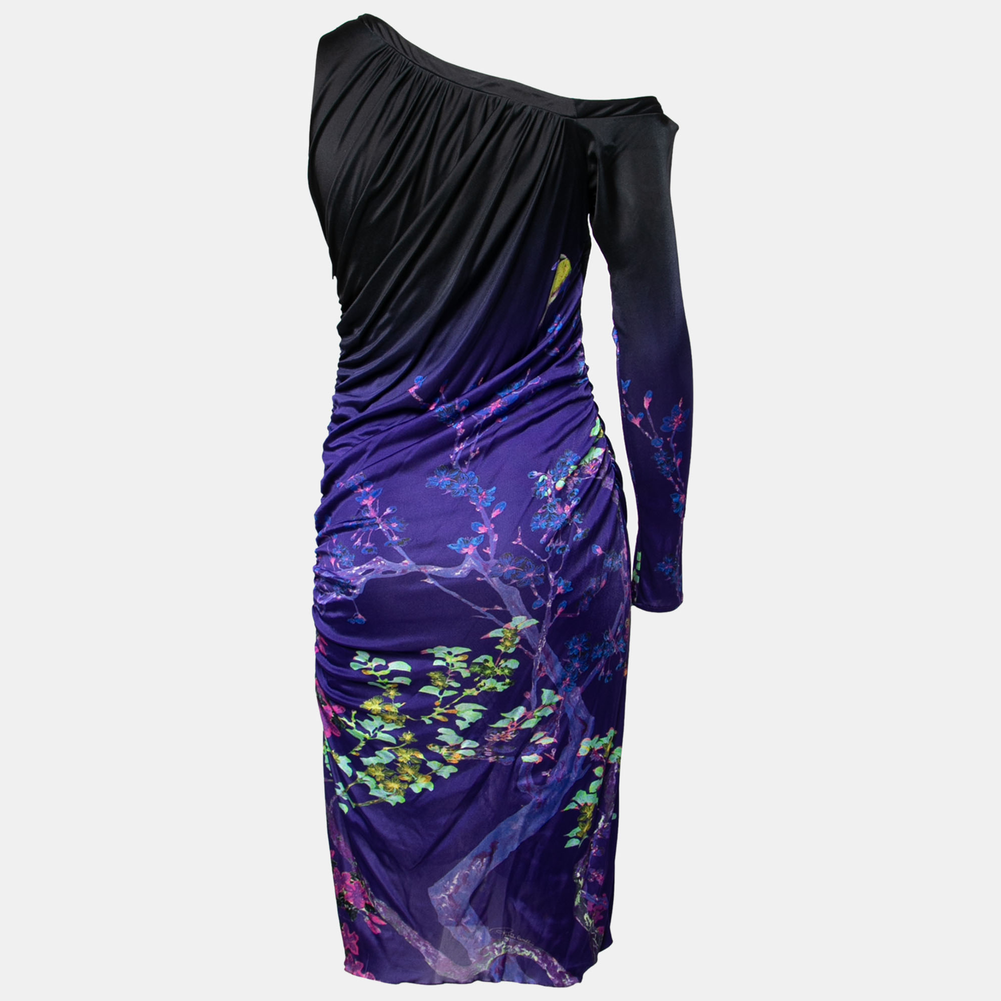 

Roberto Cavalli Purple Floral Printed Jersey Side Draped Dress
