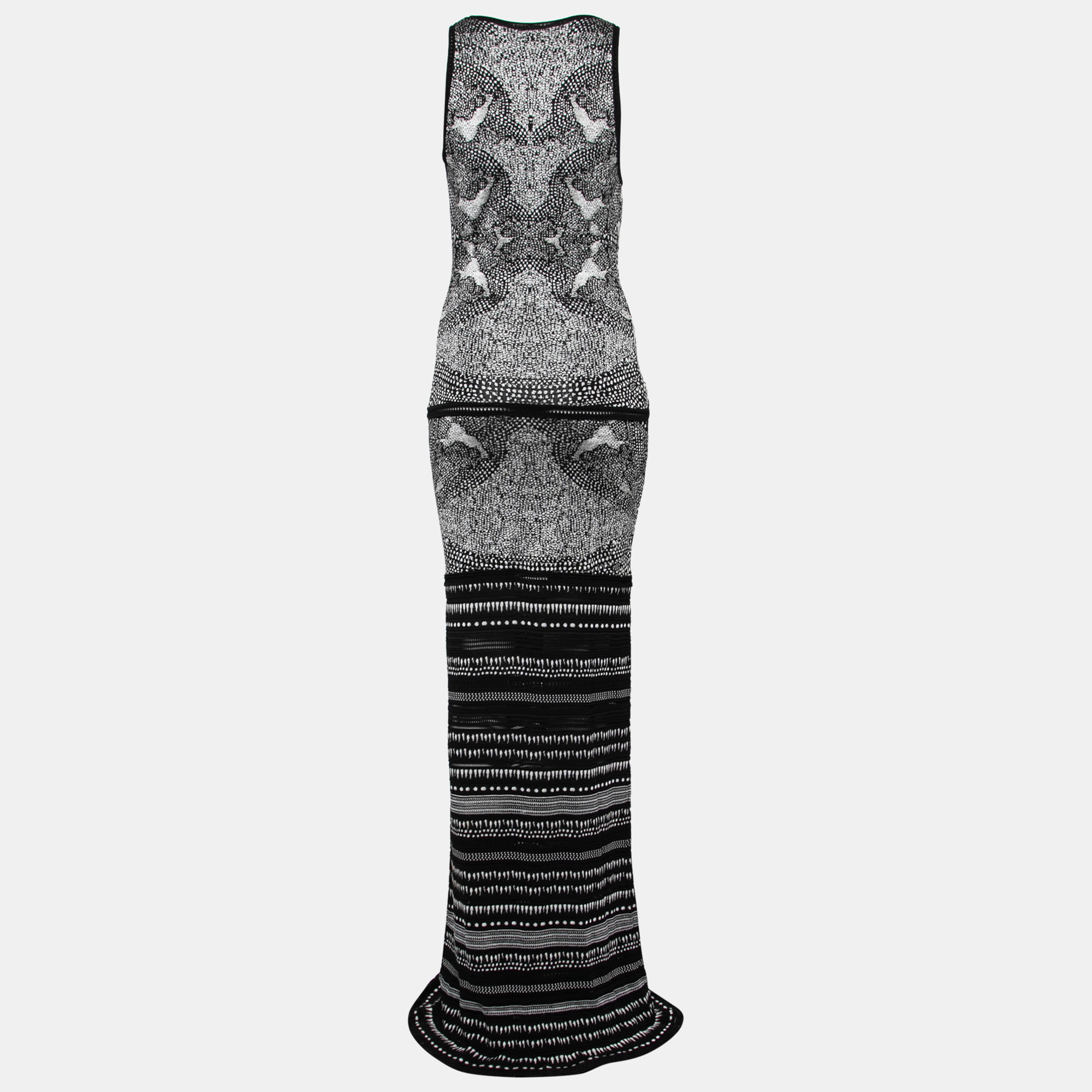 

Roberto Cavalli Black and White Patterned Knit V Neck Maxi Dress