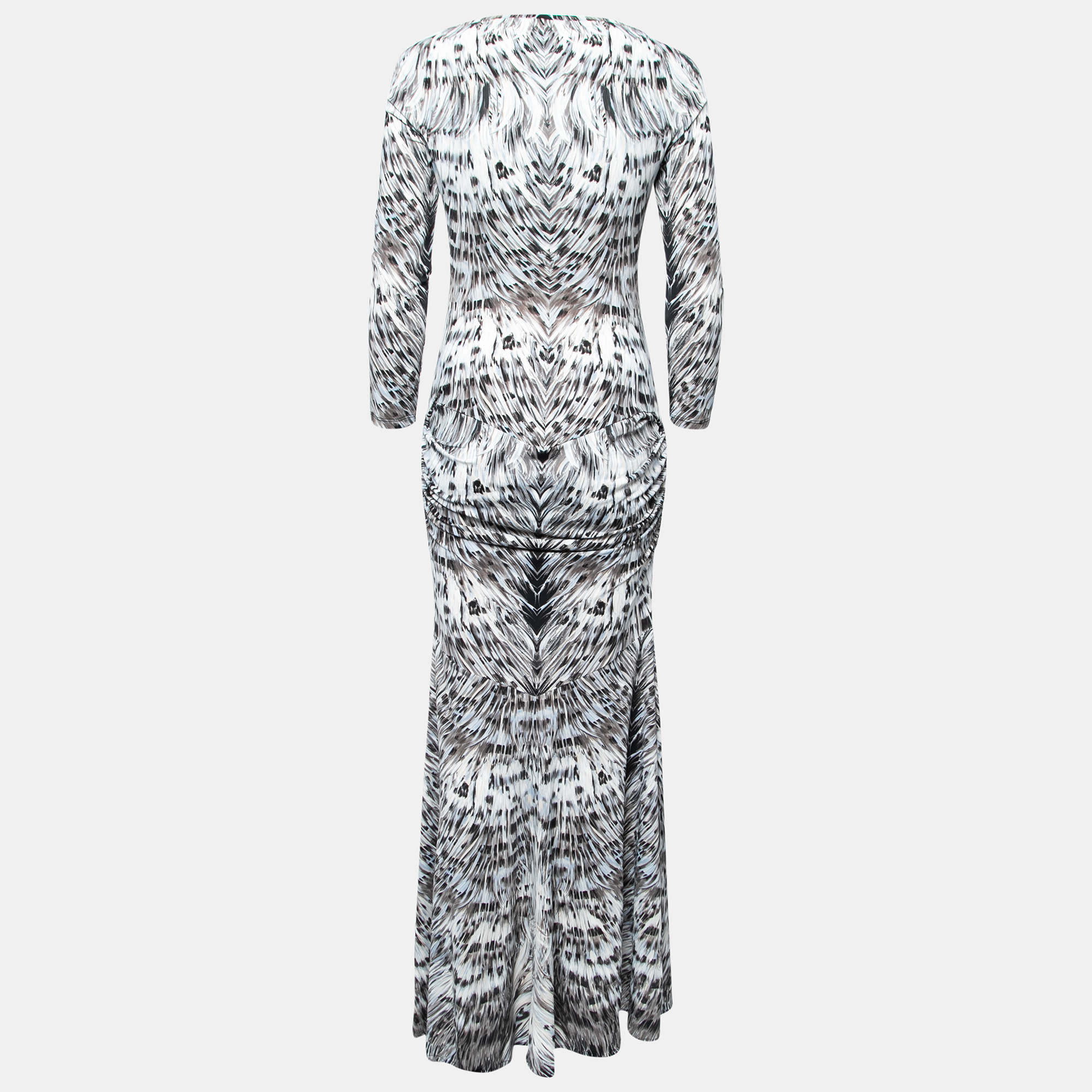 

Roberto Cavalli Grey Printed Jersey Ruched Maxi Dress