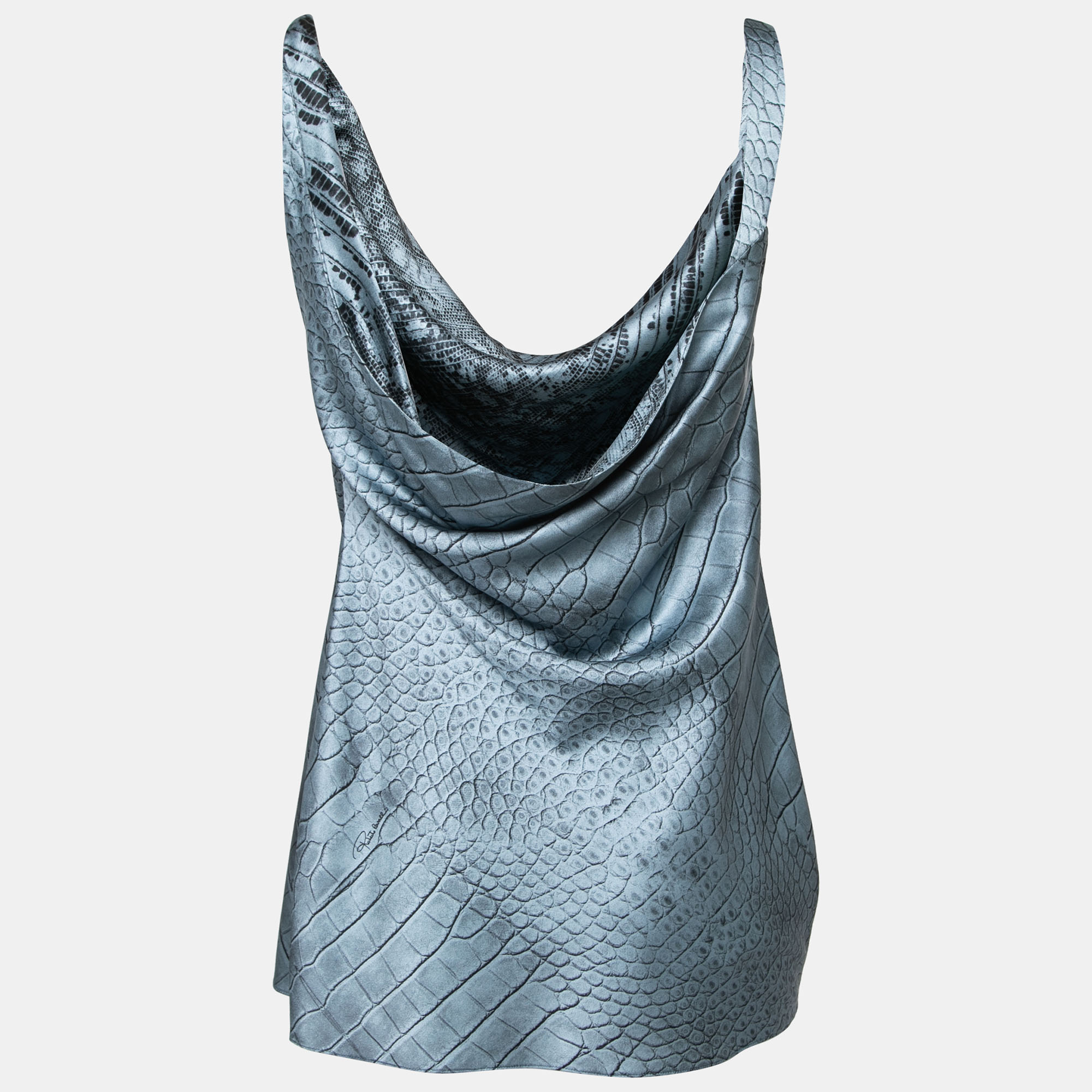 

Roberto Cavalli Stone Blue Animal Print Sleeveless Cowl Neck Blouse