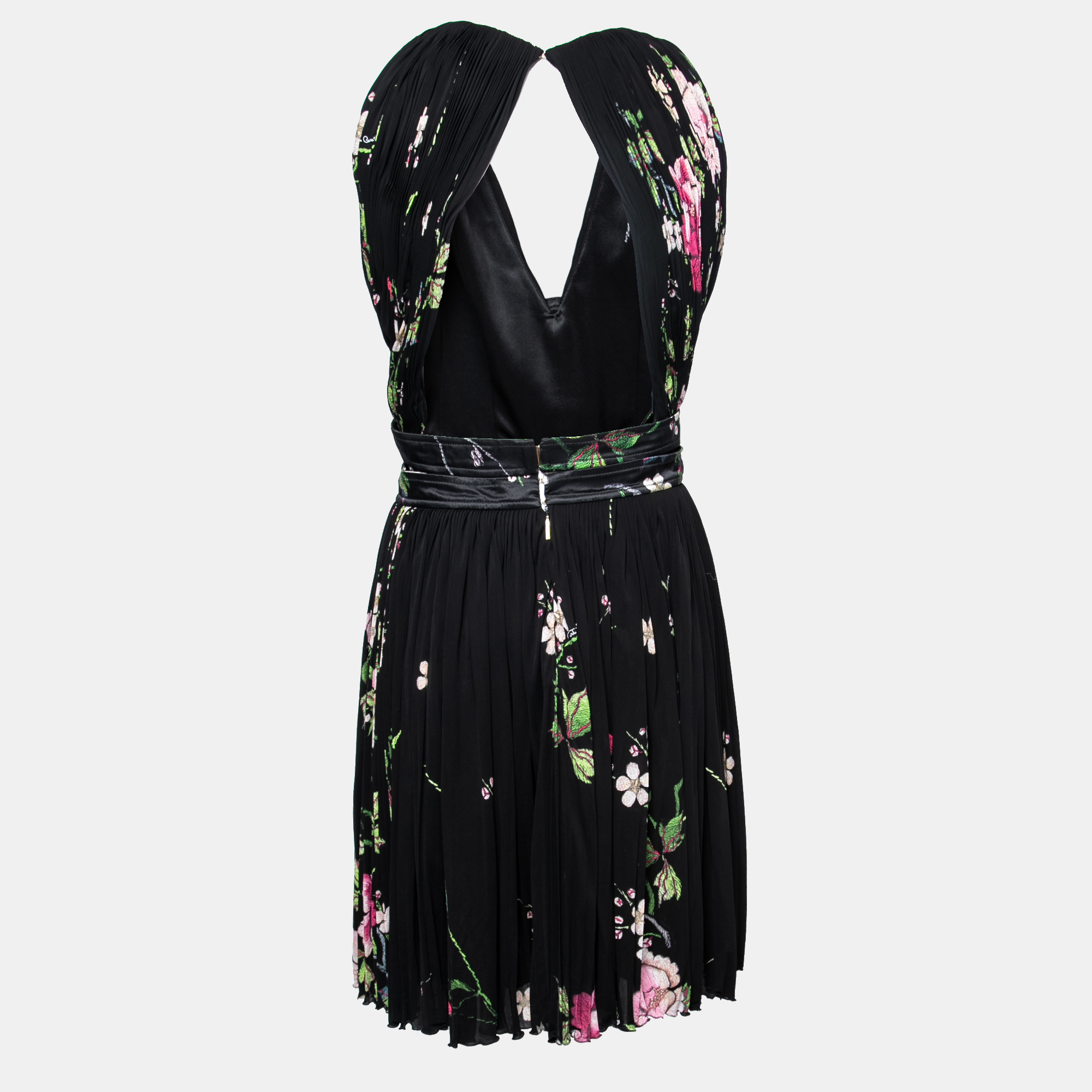 

Roberto Cavalli Black Floral Printed Crepe Plunging Neck Sleeveless Dress