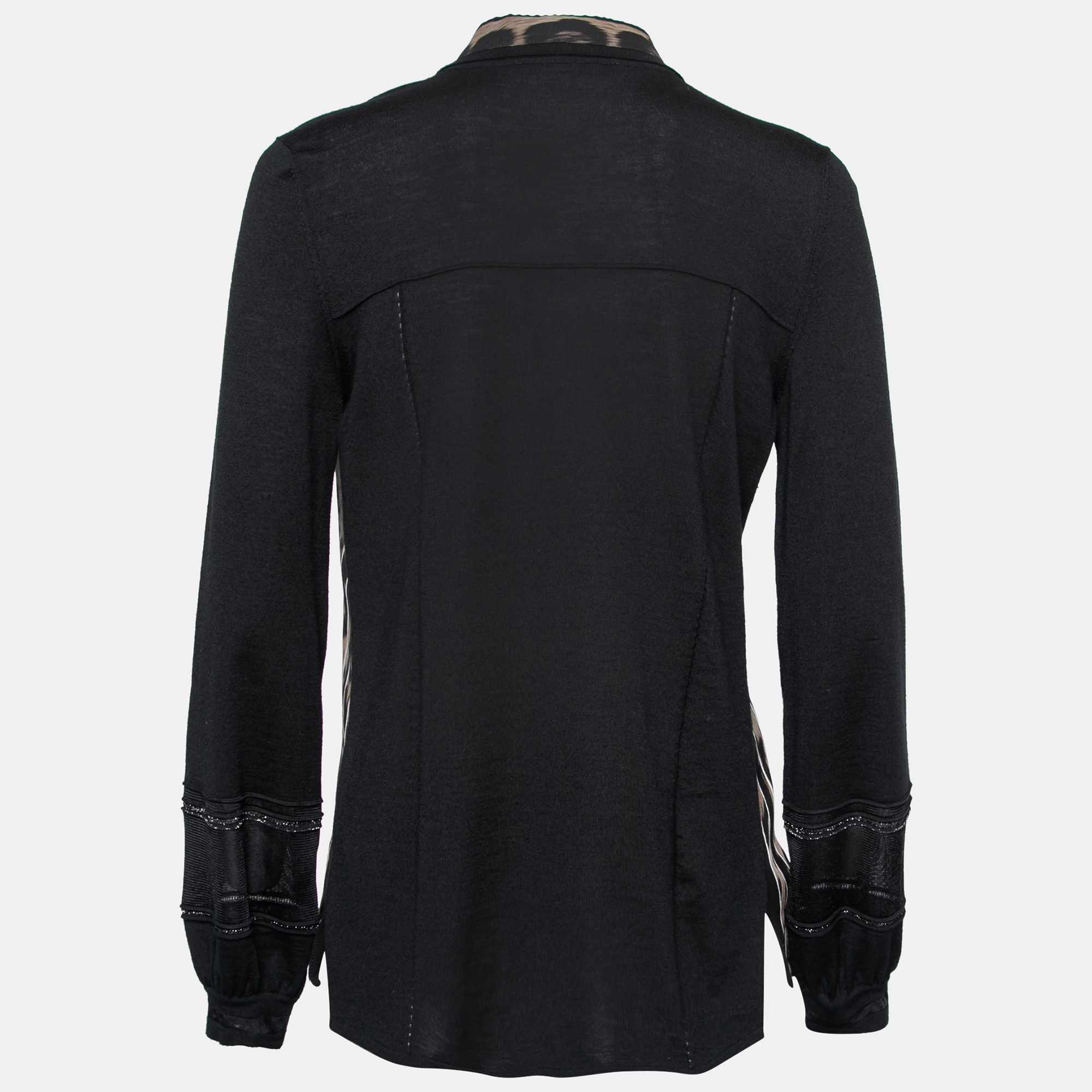 

Roberto Cavalli Black Printed Silk Inset & Knit Button Front Cardigan