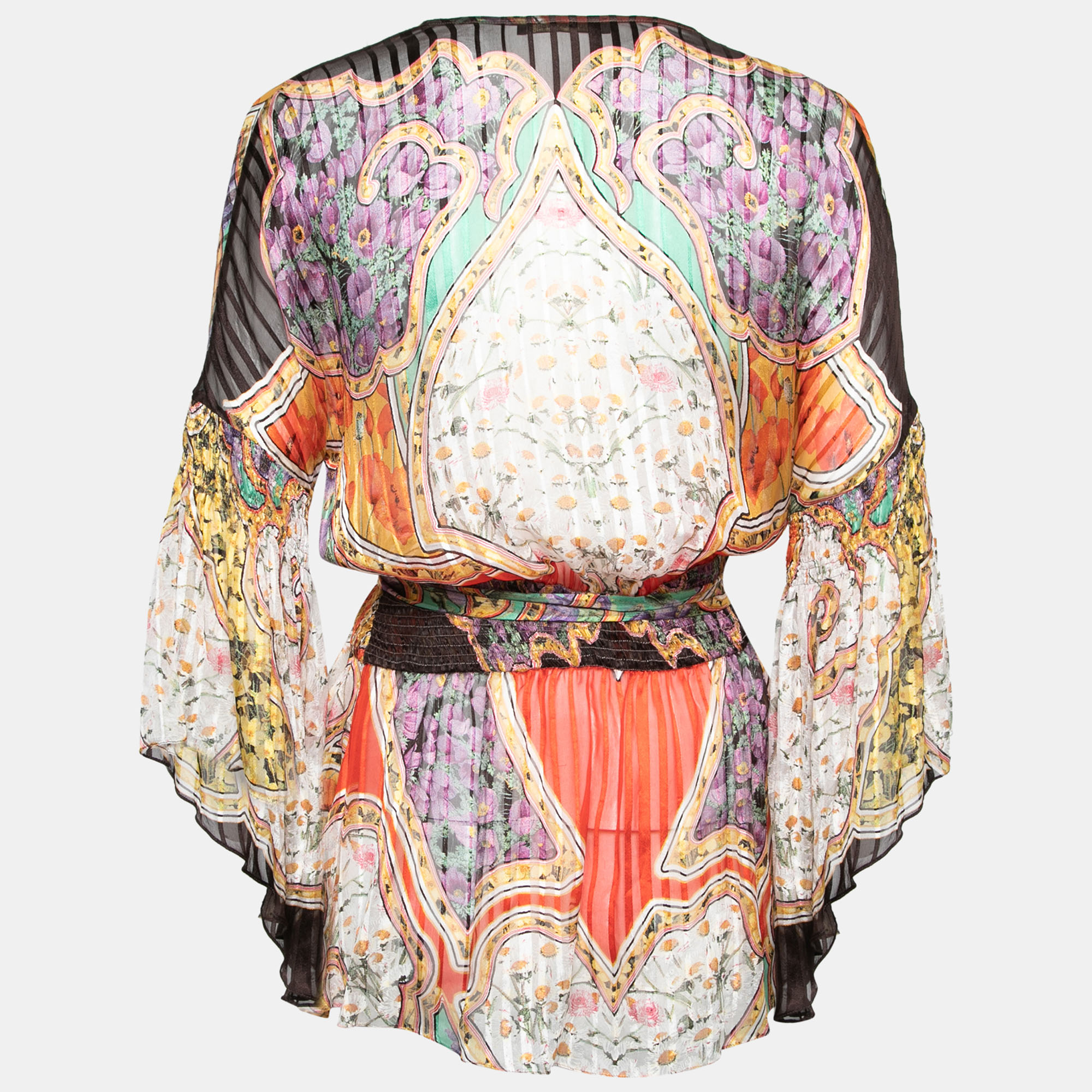 

Roberto Cavalli Multicolor Printed Silk Smocked Belted Waist Blouse