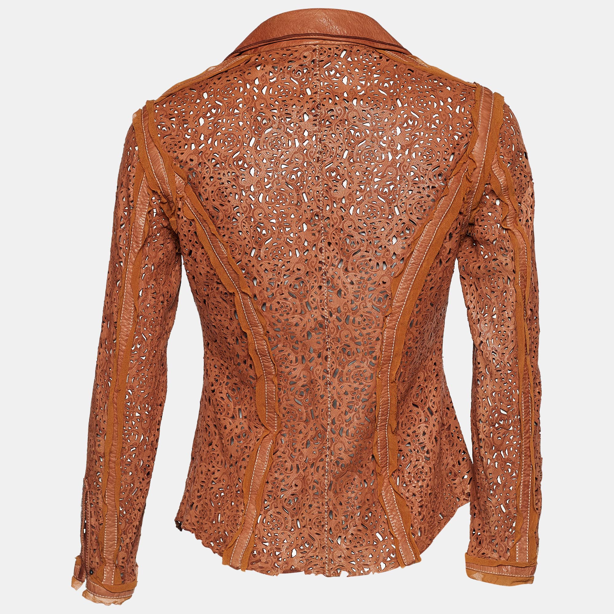 

Roberto Cavalli Brown Laser Cut Leather Tie Up Jacket