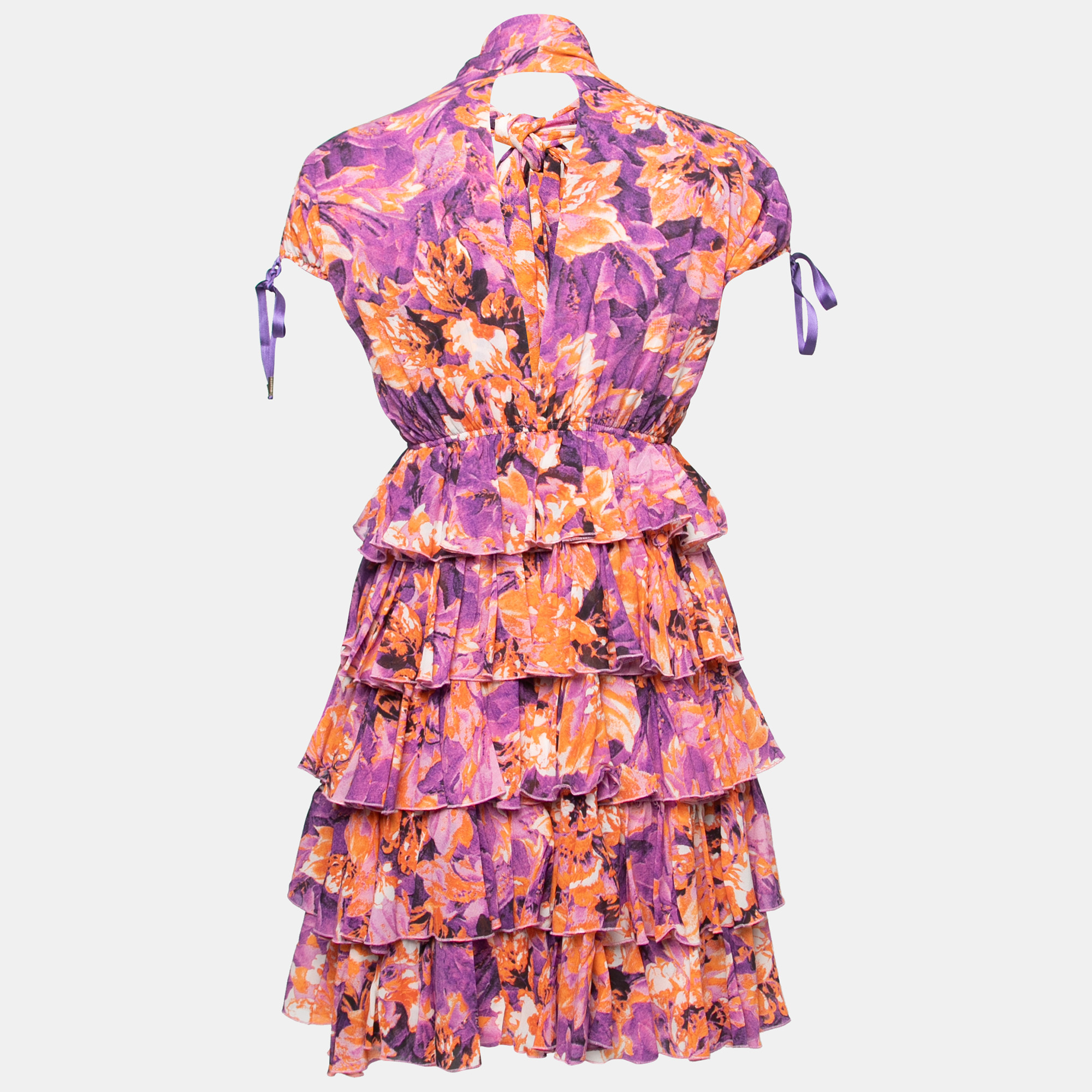 

Roberto Cavalli Purple & Orange Floral Printed Chiffon Tiered Dress