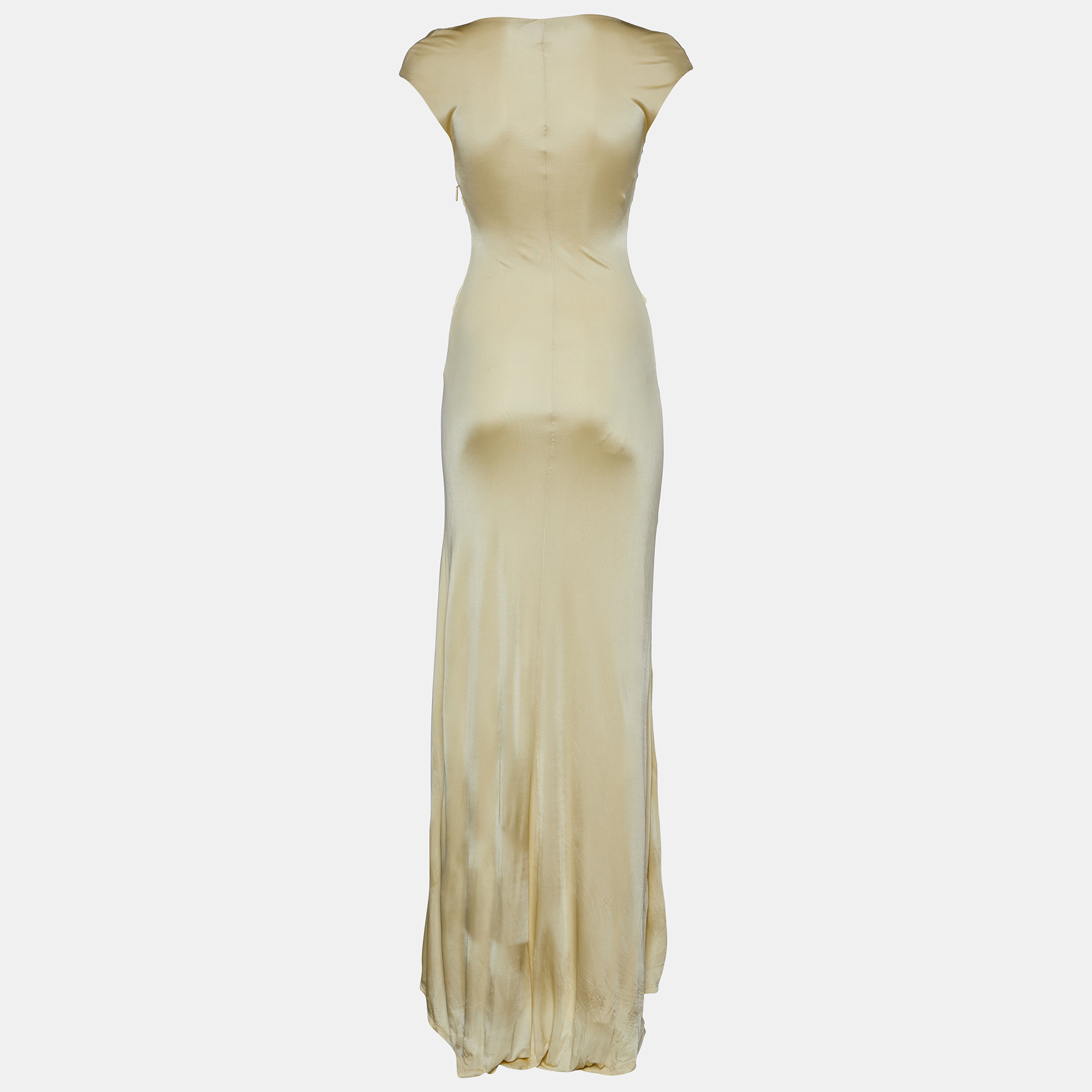 

Roberto Cavalli Cream Jersey Snake Brooch Detail Maxi Dress