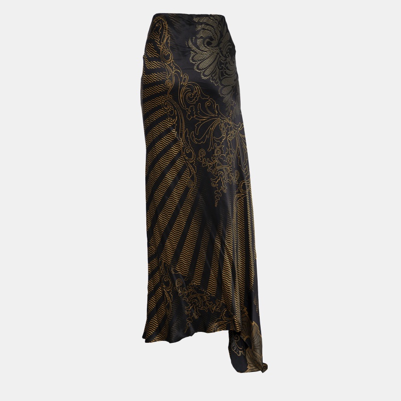 

Roberto Cavalli Black & Gold Paisley Print Silk Flared Maxi Skirt