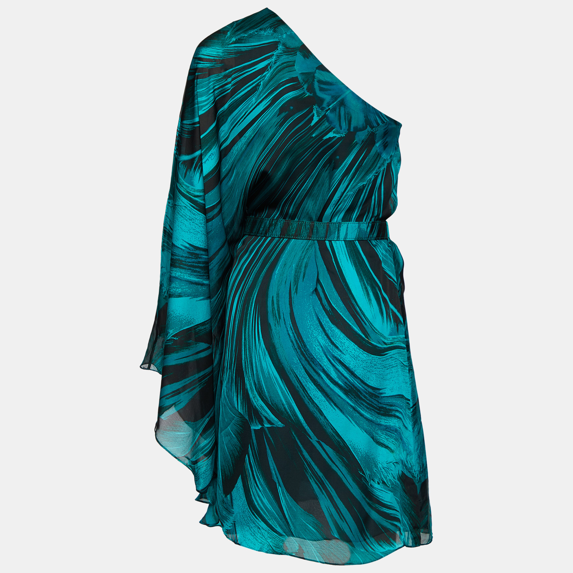 

Roberto Cavalli Green Printed Silk One Shoulder Belted Kaftan Top