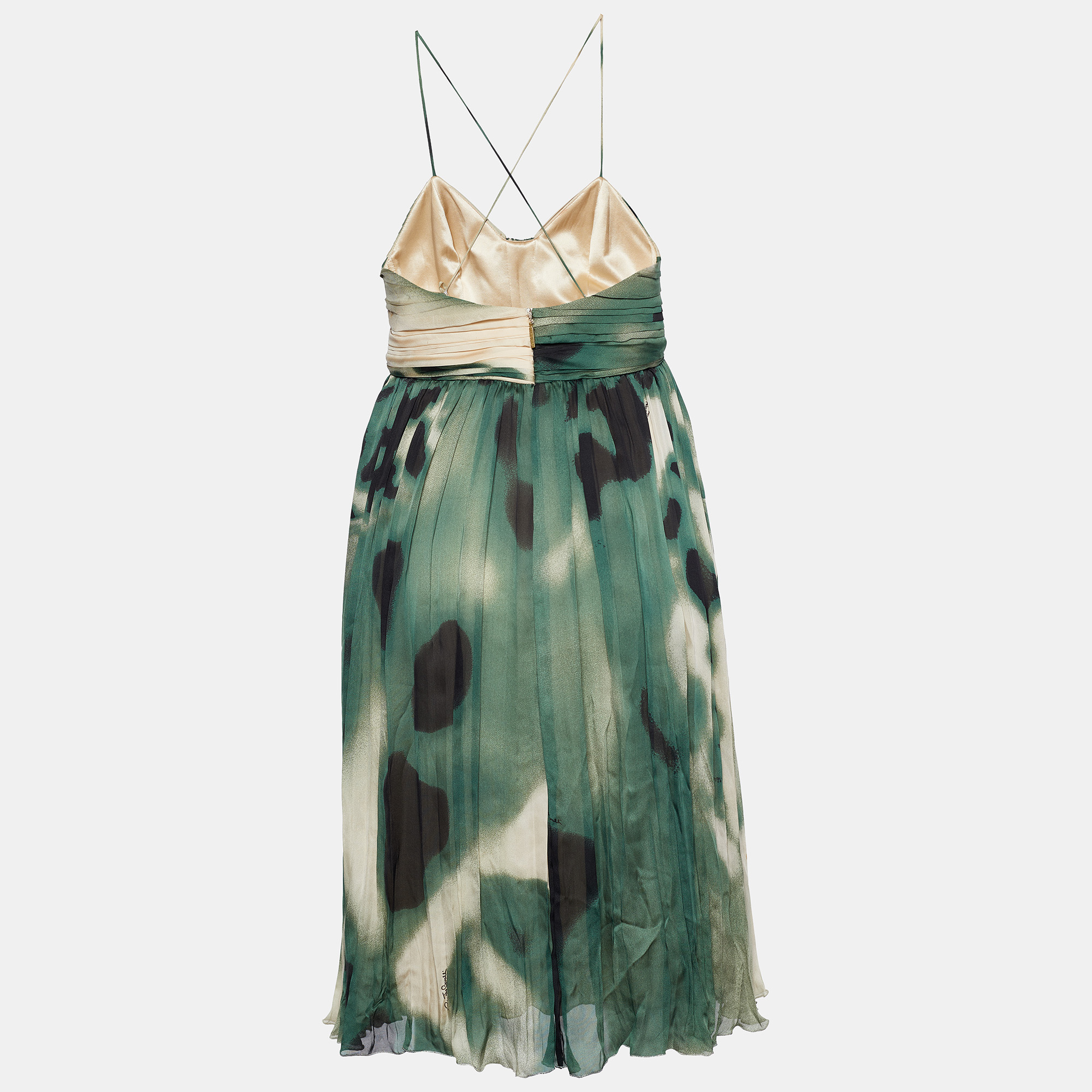

Roberto Cavalli Beige & Green Printed Pleated Silk Mini Dress