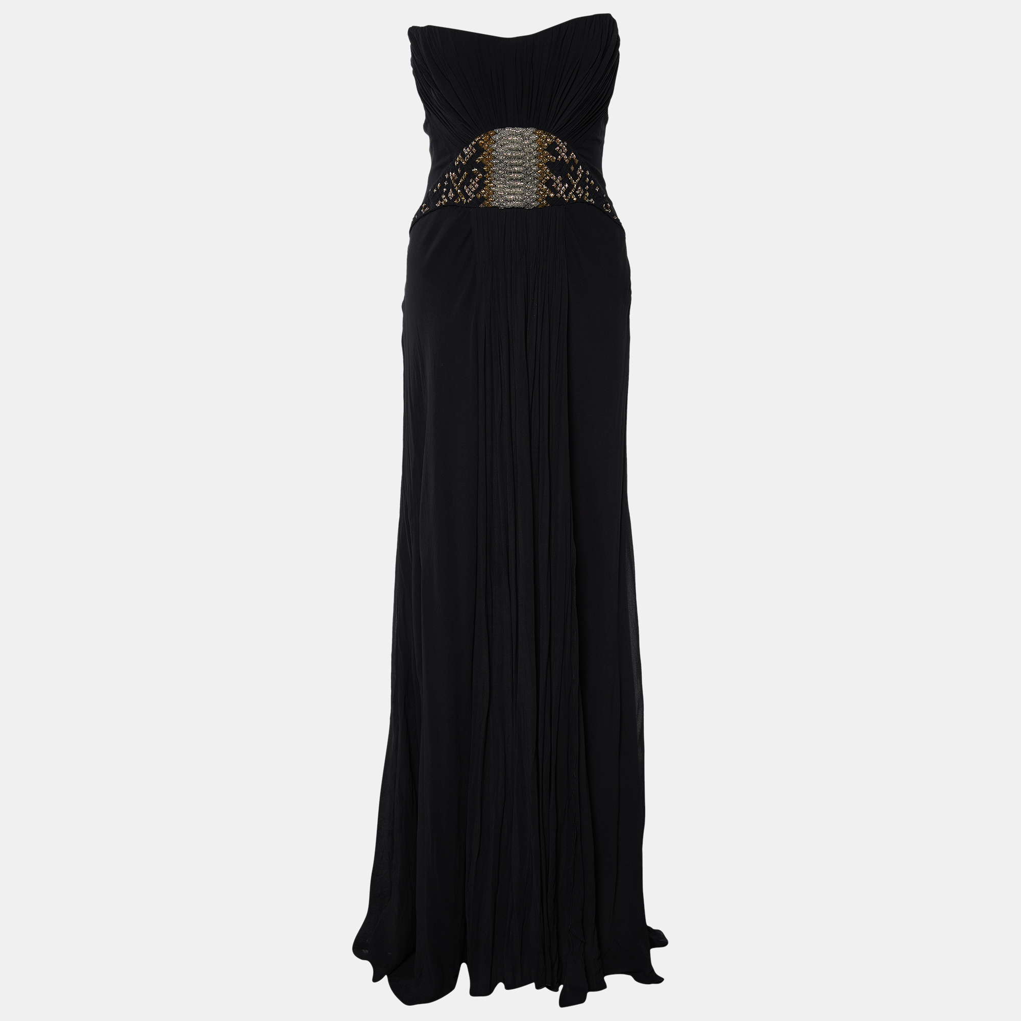 Pre-owned Roberto Cavalli Black Embellished Silk Crepe Corset Detail Strapless Gown M