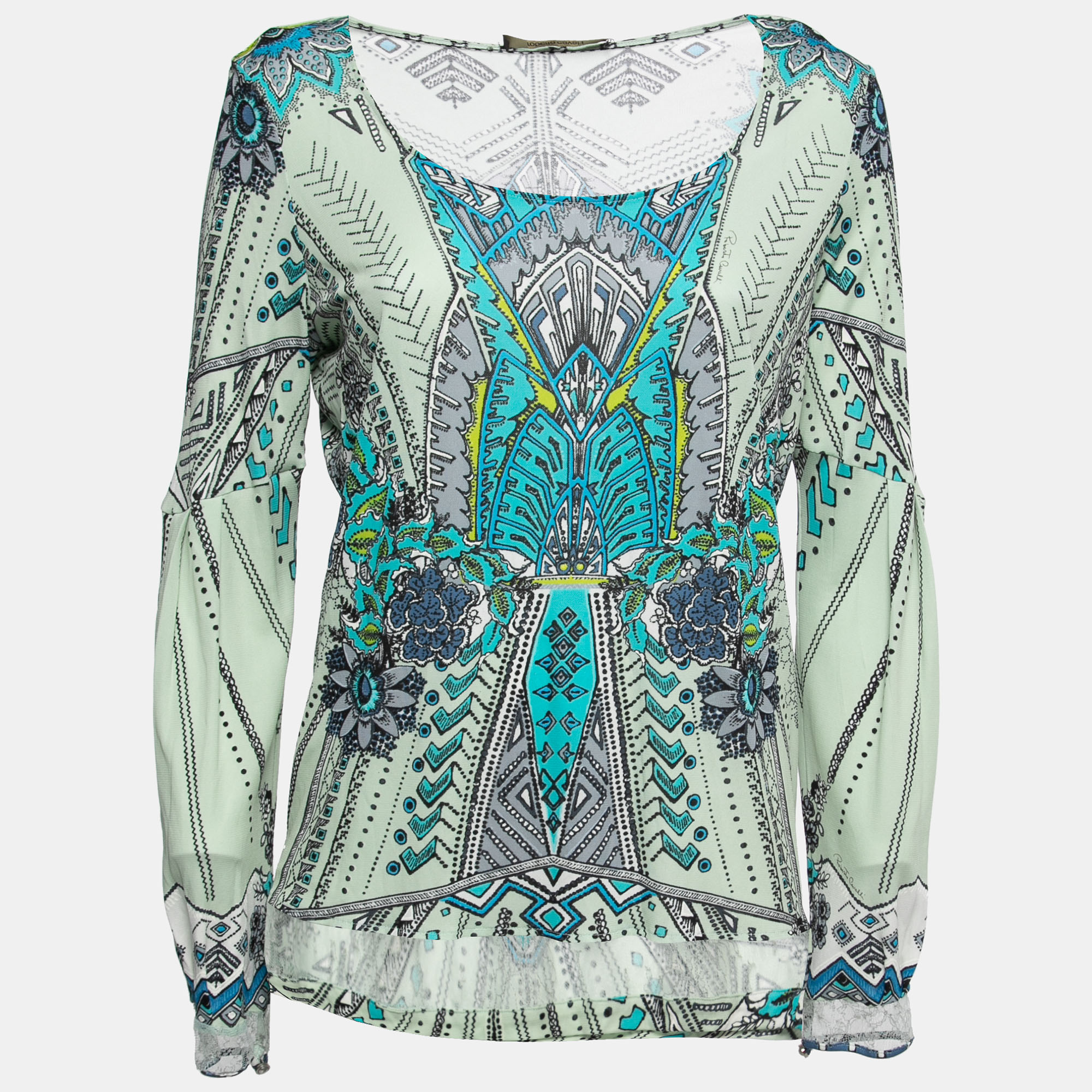 

Roberto Cavalli Multicolor Printed Jersey Lace Trimmed Top M