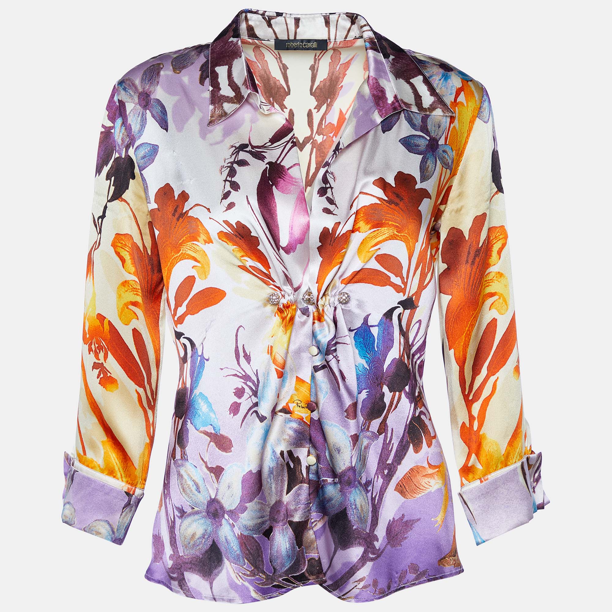 

Roberto Cavalli Multicolor Floral Printed Silk Satin Shirt