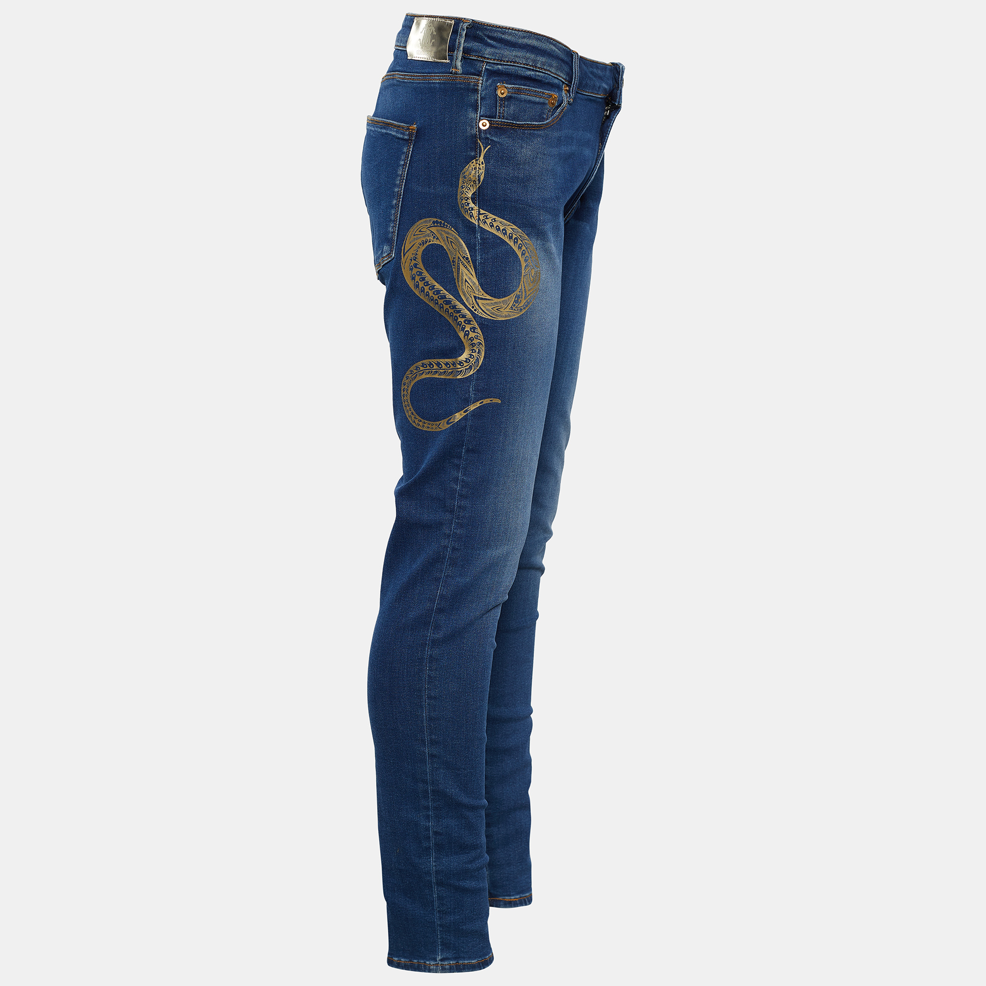 

Roberto Cavalli Indigo Denim Serpenti Print Skinny Jeans, Blue