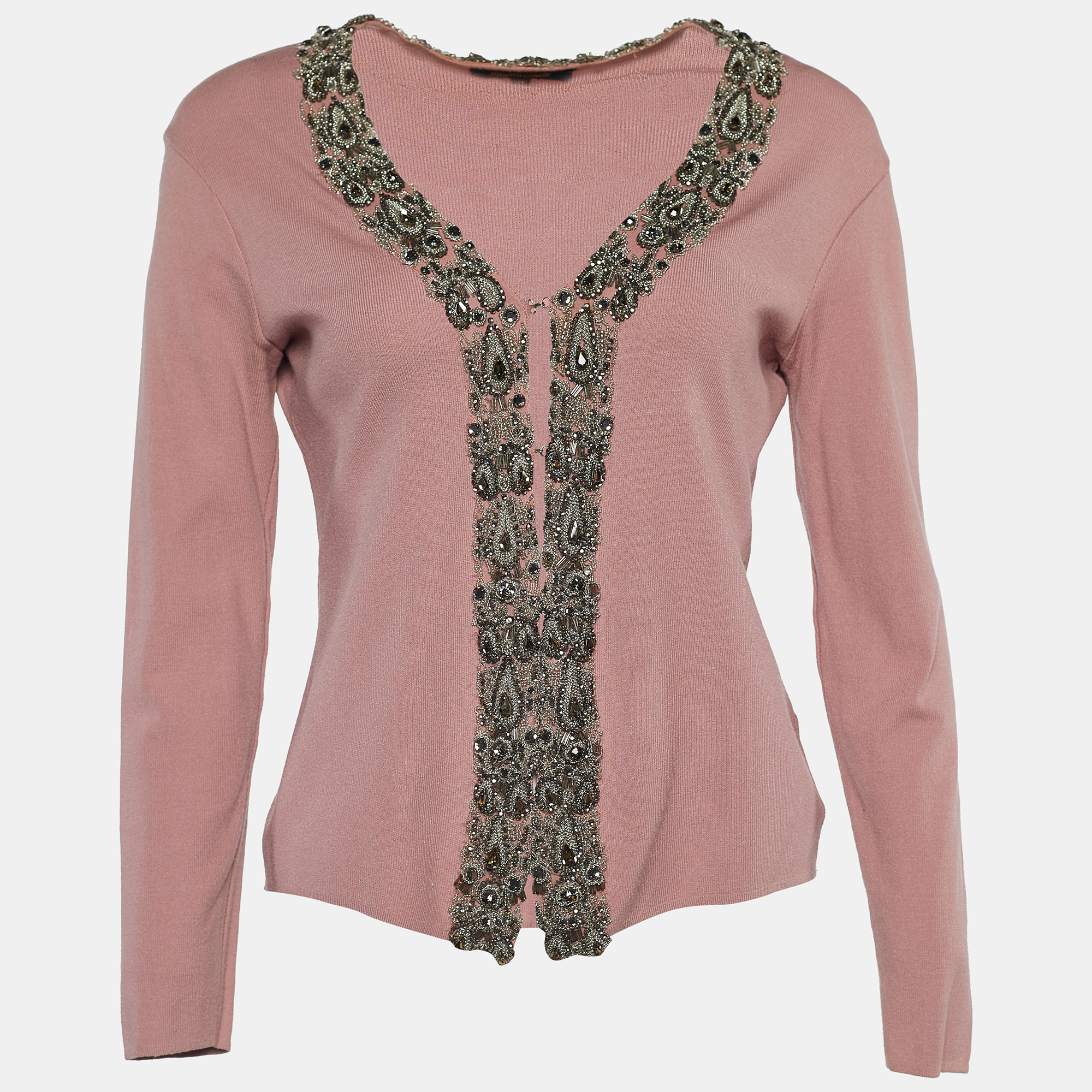 Pre-owned Roberto Cavalli Dusty Pink Crystal Embellished Cardigan L
