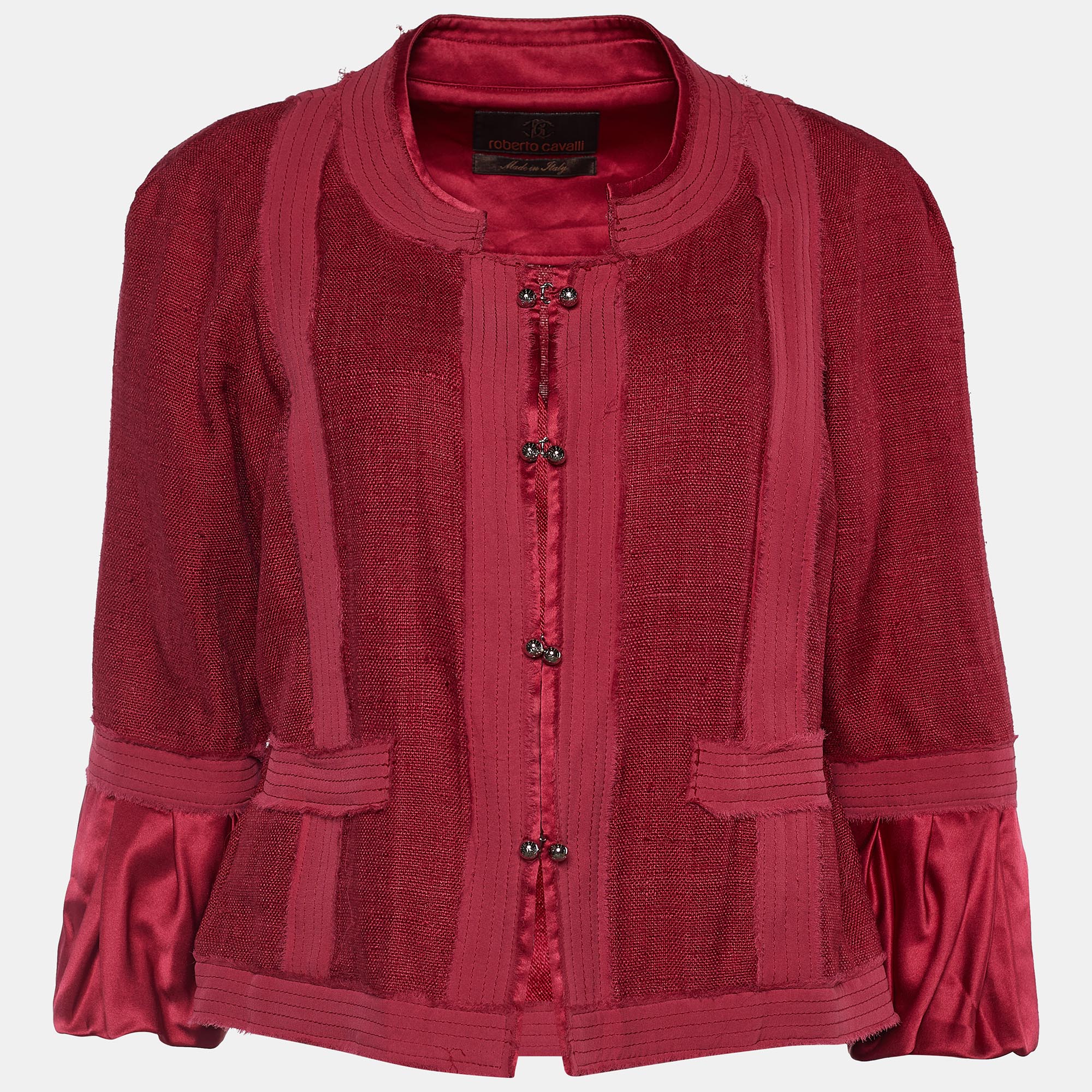 Pre Owned Roberto Cavalli Burgundy Silk Boucle Cropped Jacket M
