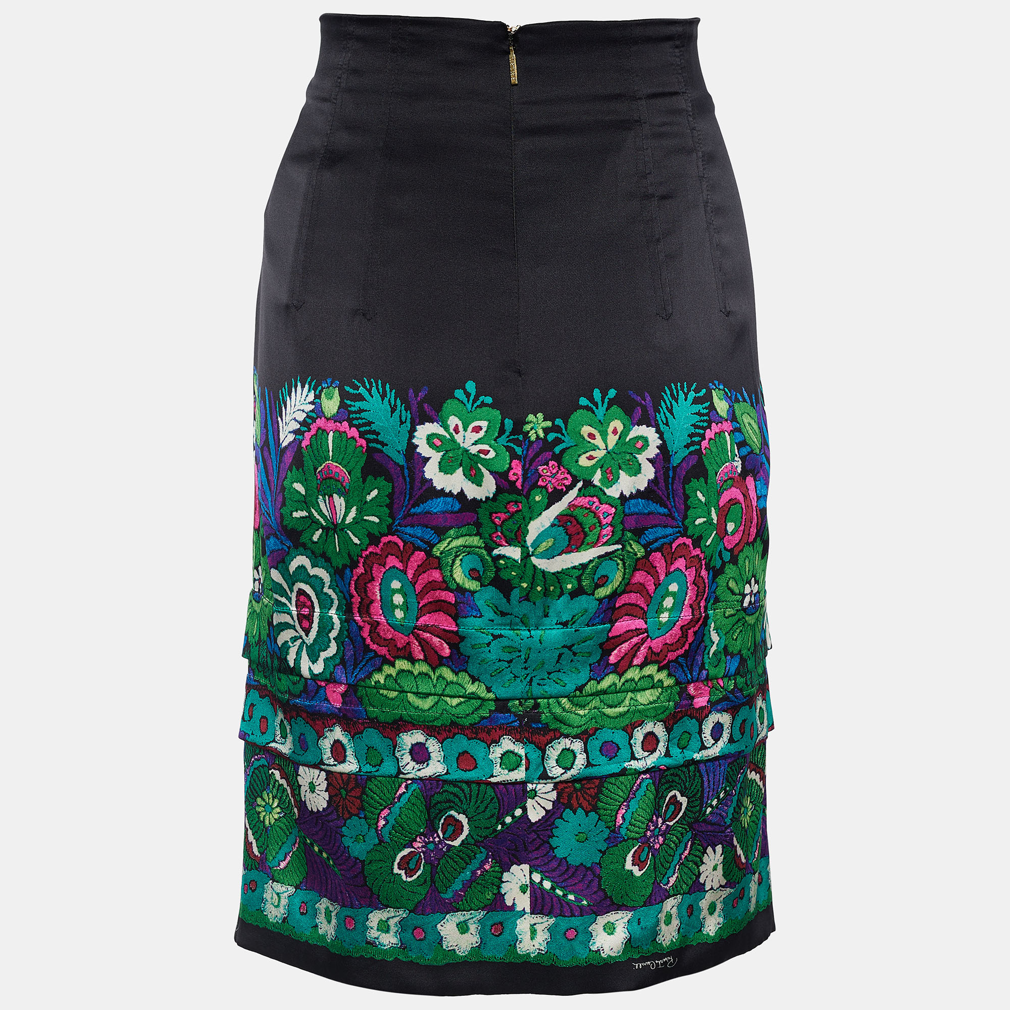 

Roberto Cavalli Black Satin Silk Floral Print Skirt