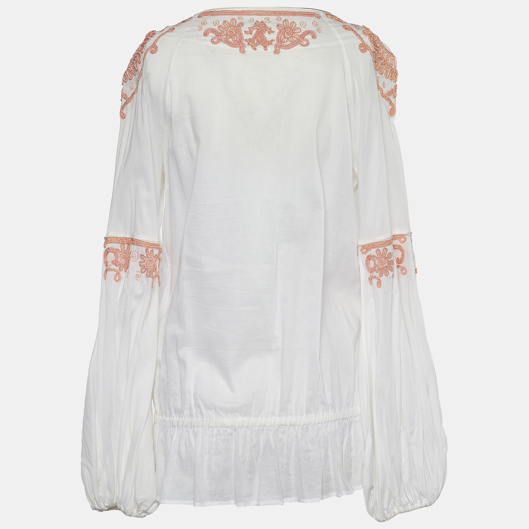 

Roberto Cavalli White Embellished Cotton Peasant Blouse