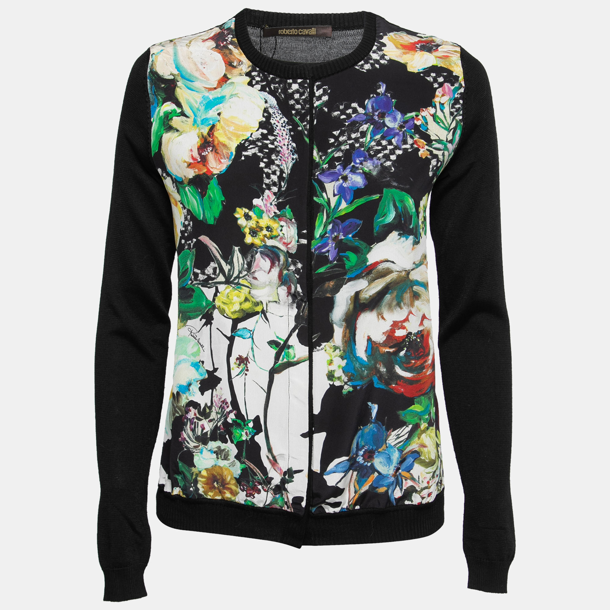Pre Owned Roberto Cavalli Black Floral Print Faux Top Inlay Cardigan S
