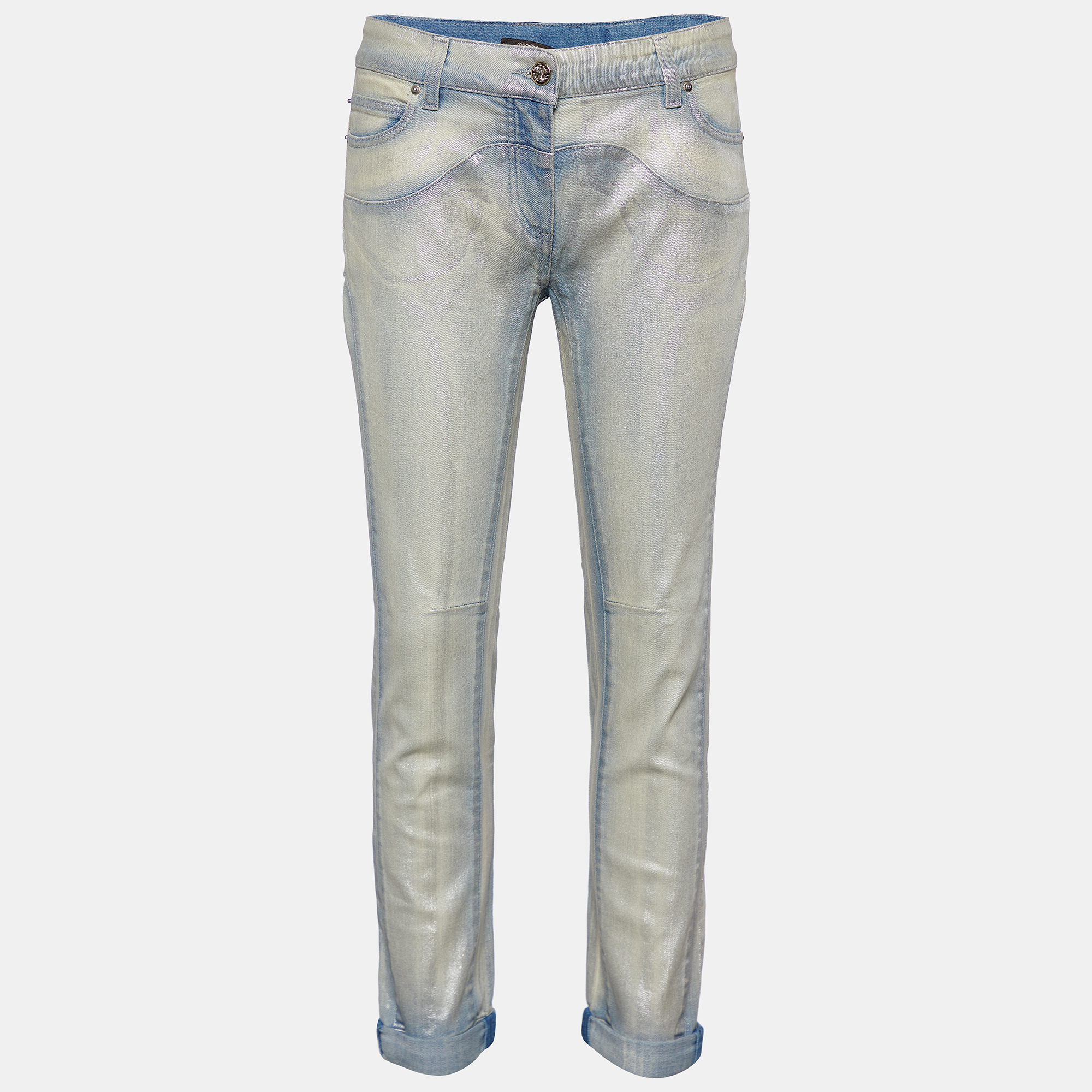 Pre-owned Roberto Cavalli Blue Shiny Denim Paneled Jeans M