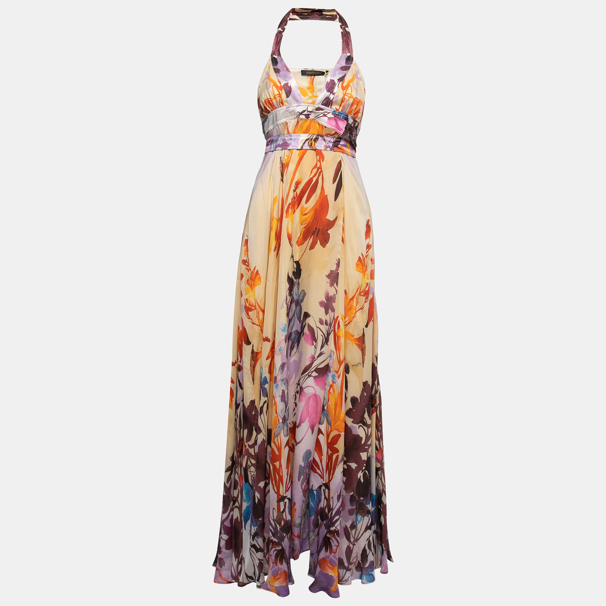 

Roberto Cavalli Multicolor Floral Printed Silk Halterneck Wrap Maxi Dress