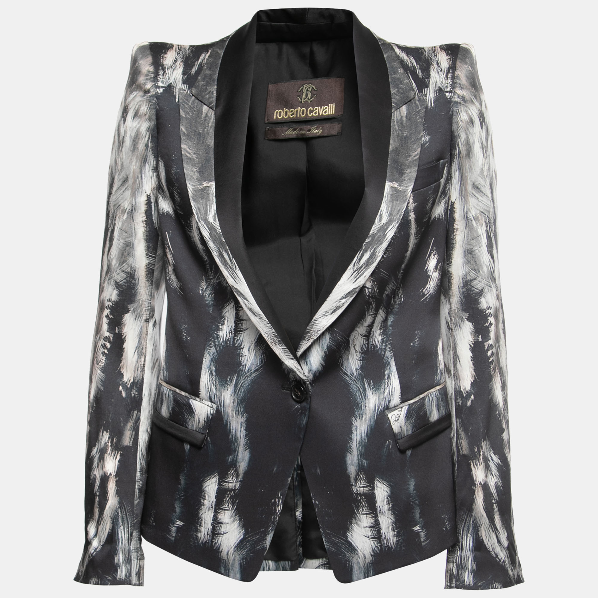 Pre Owned Roberto Cavalli Black Printed Silk Satin Single Breasted Blazer S