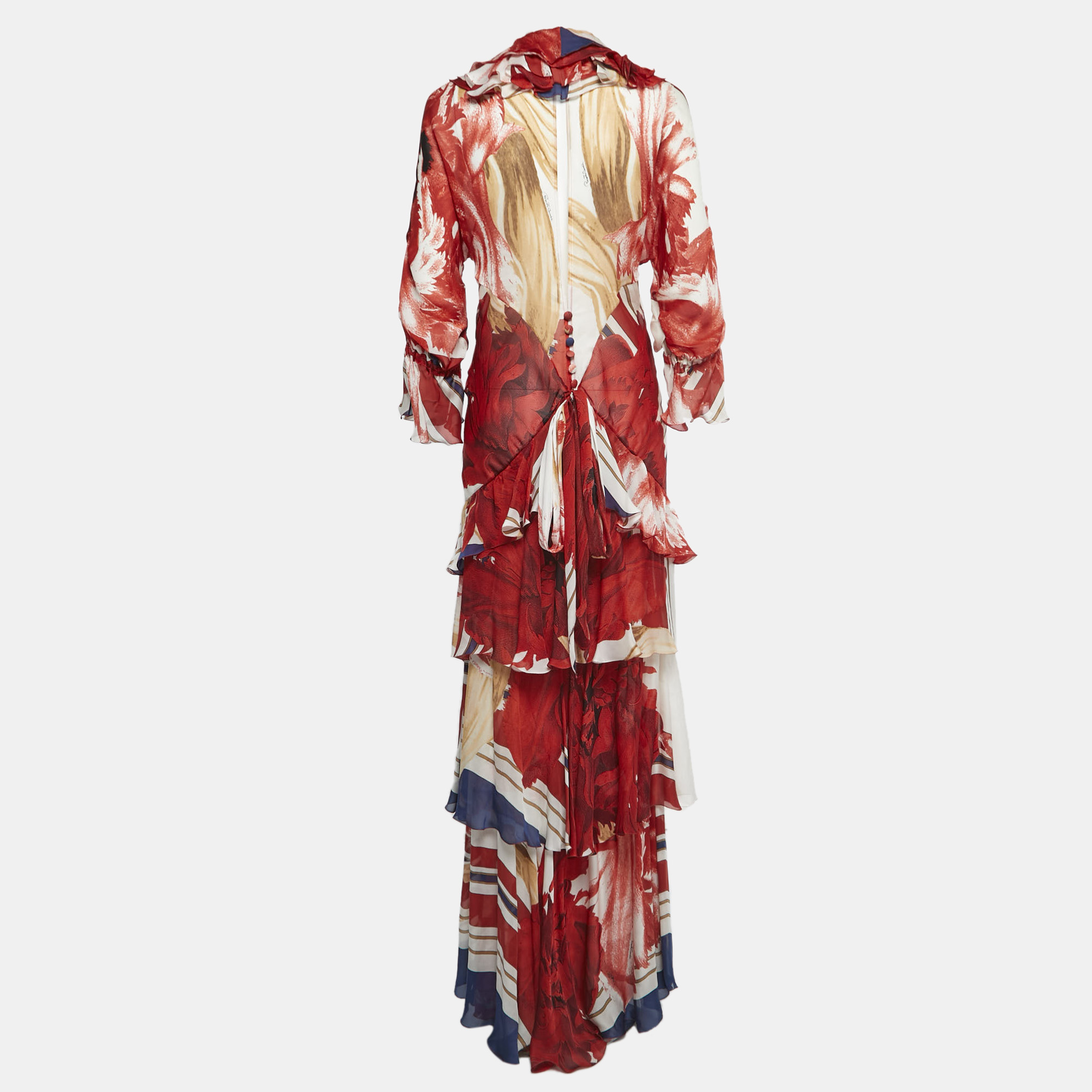 

Roberto Cavalli Red Printed Silk Ruffle Detail Tiered Maxi Dress