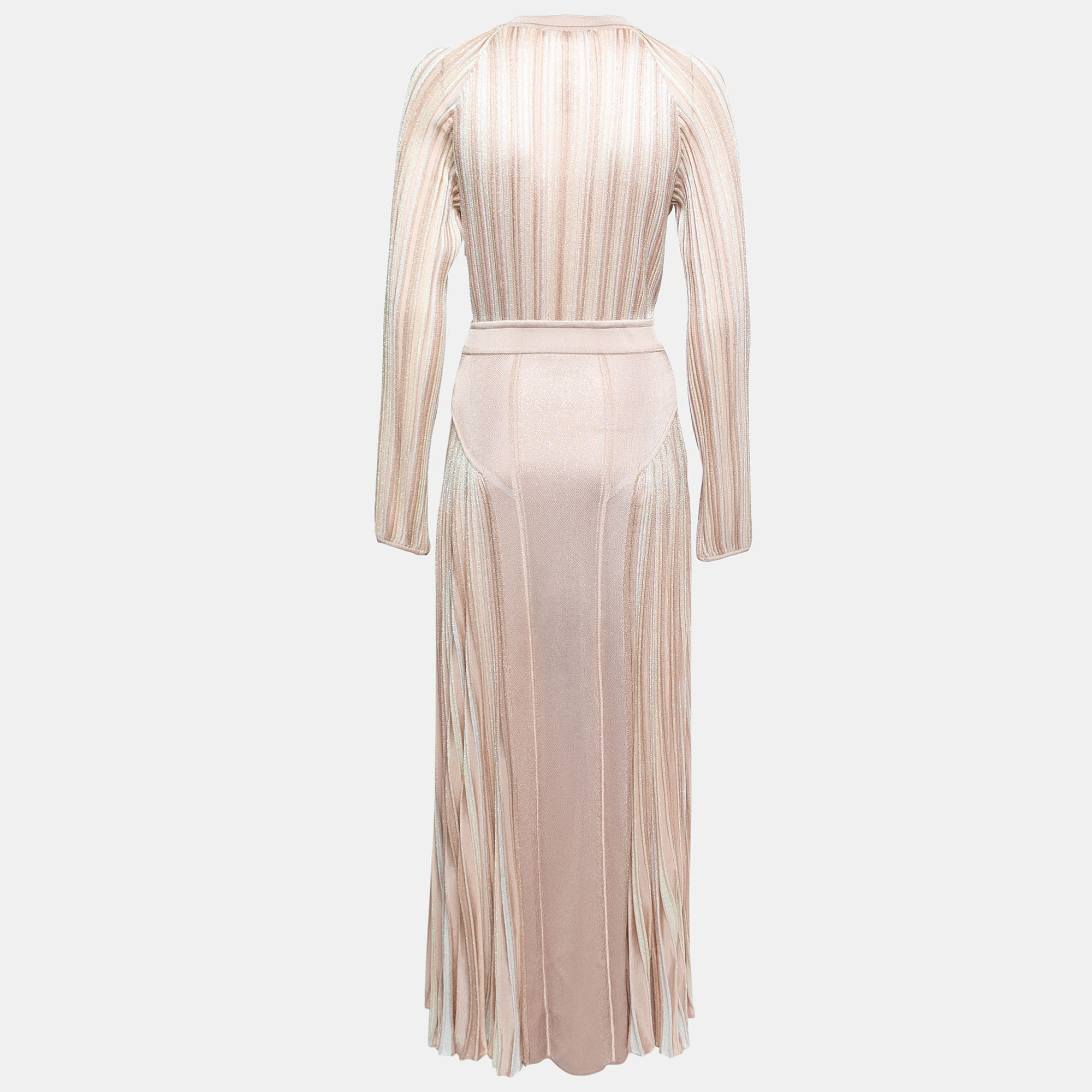 

Roberto Cavalli Pale Pink Ribbed Lurex Knit Cutout Detail Maxi Dress