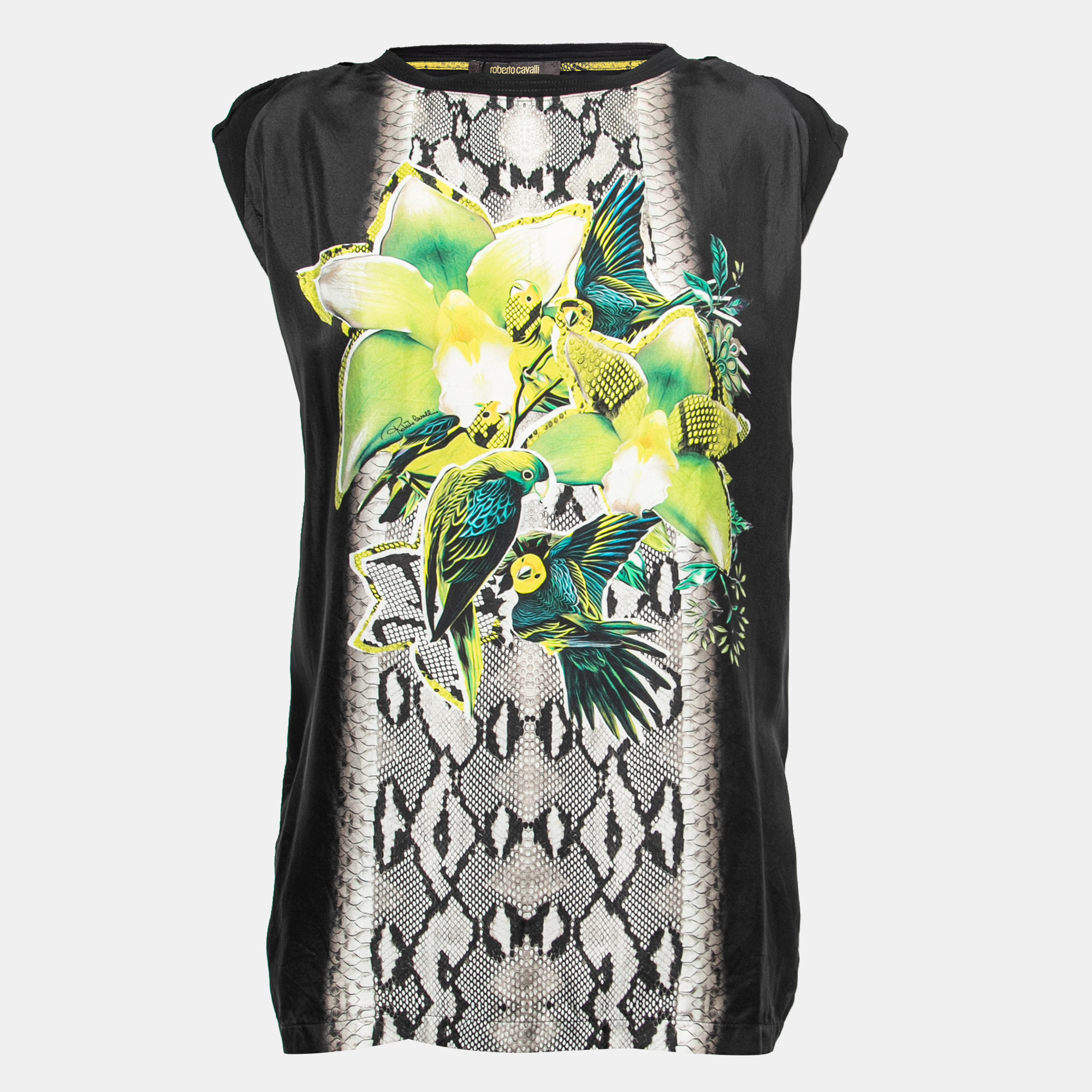 Pre-owned Roberto Cavalli Black Jersey Parrot Printed Top M
