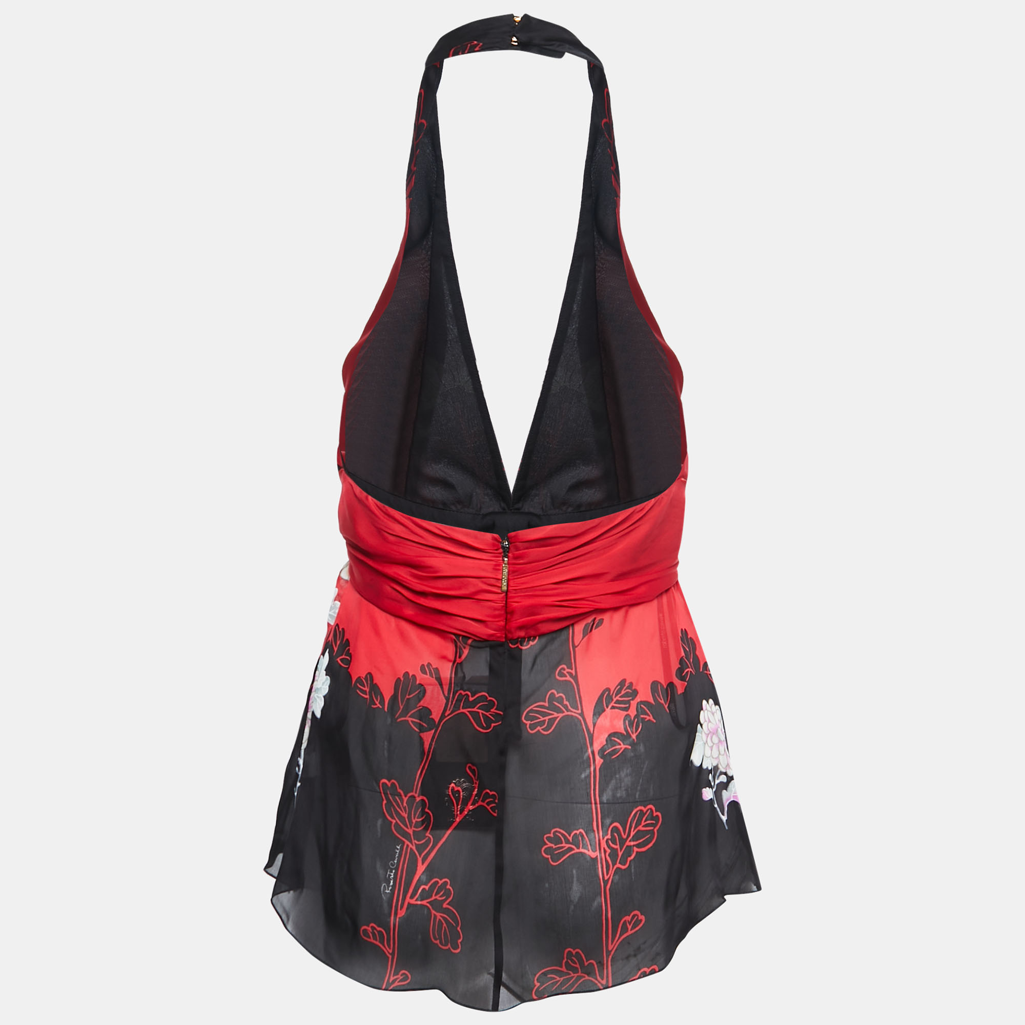 

Roberto Cavalli Black & Red Floral Printed Silk Halter Top