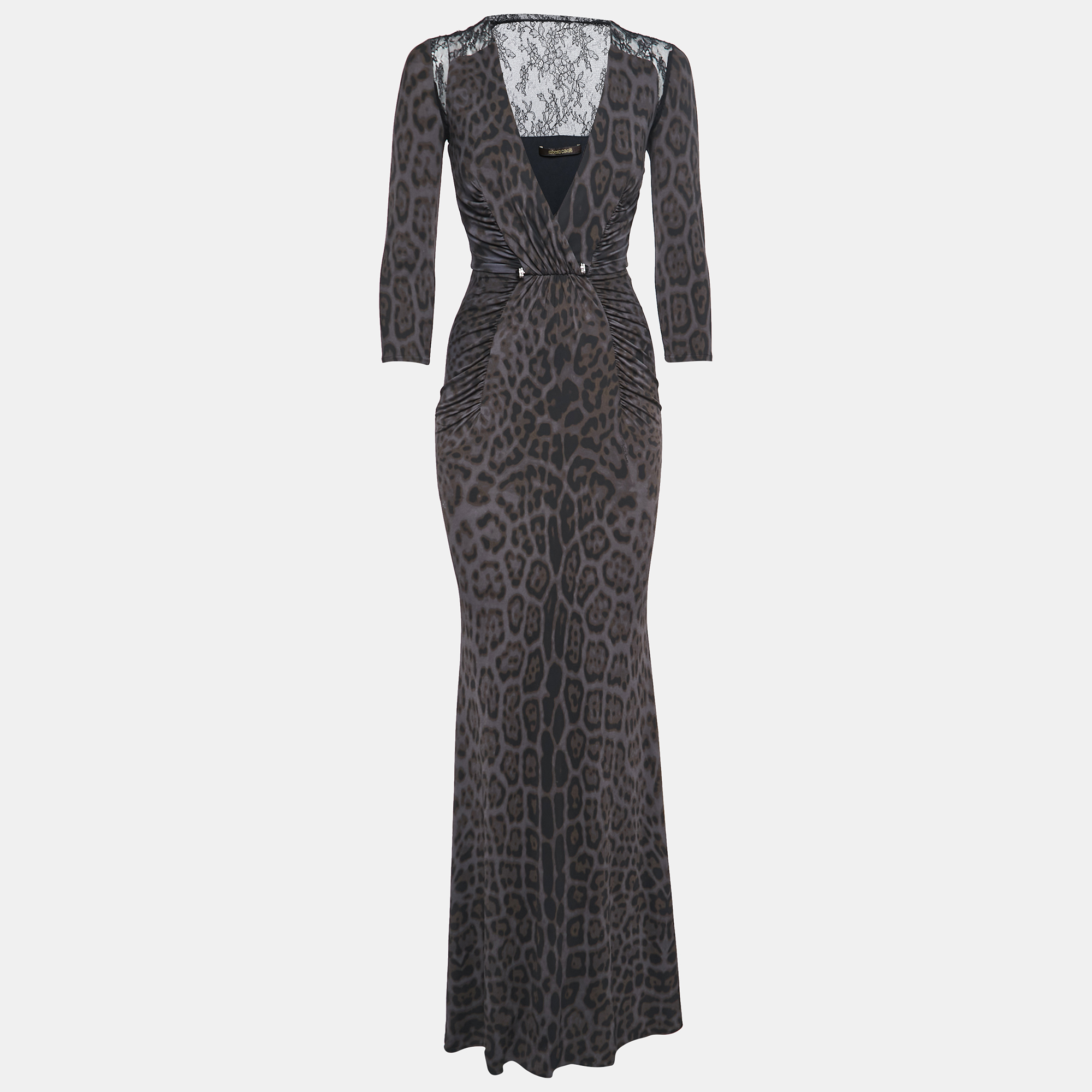 مملوكة مسبقًا Roberto Cavalli Dark Grey Animal Print Stretch Jersey and Lace Long Sleeve Maxi Dress S