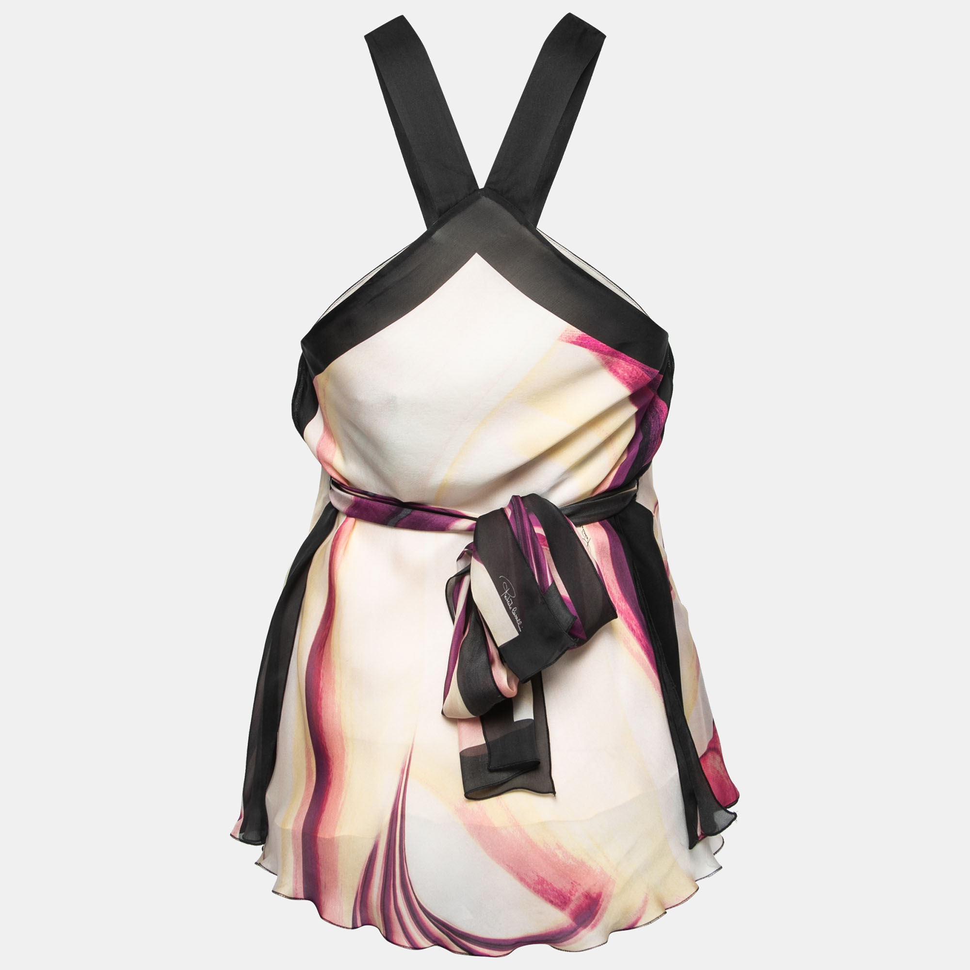 

Roberto Cavalli Multicolor Printed Silk-Chiffon Halterneck Belted Top