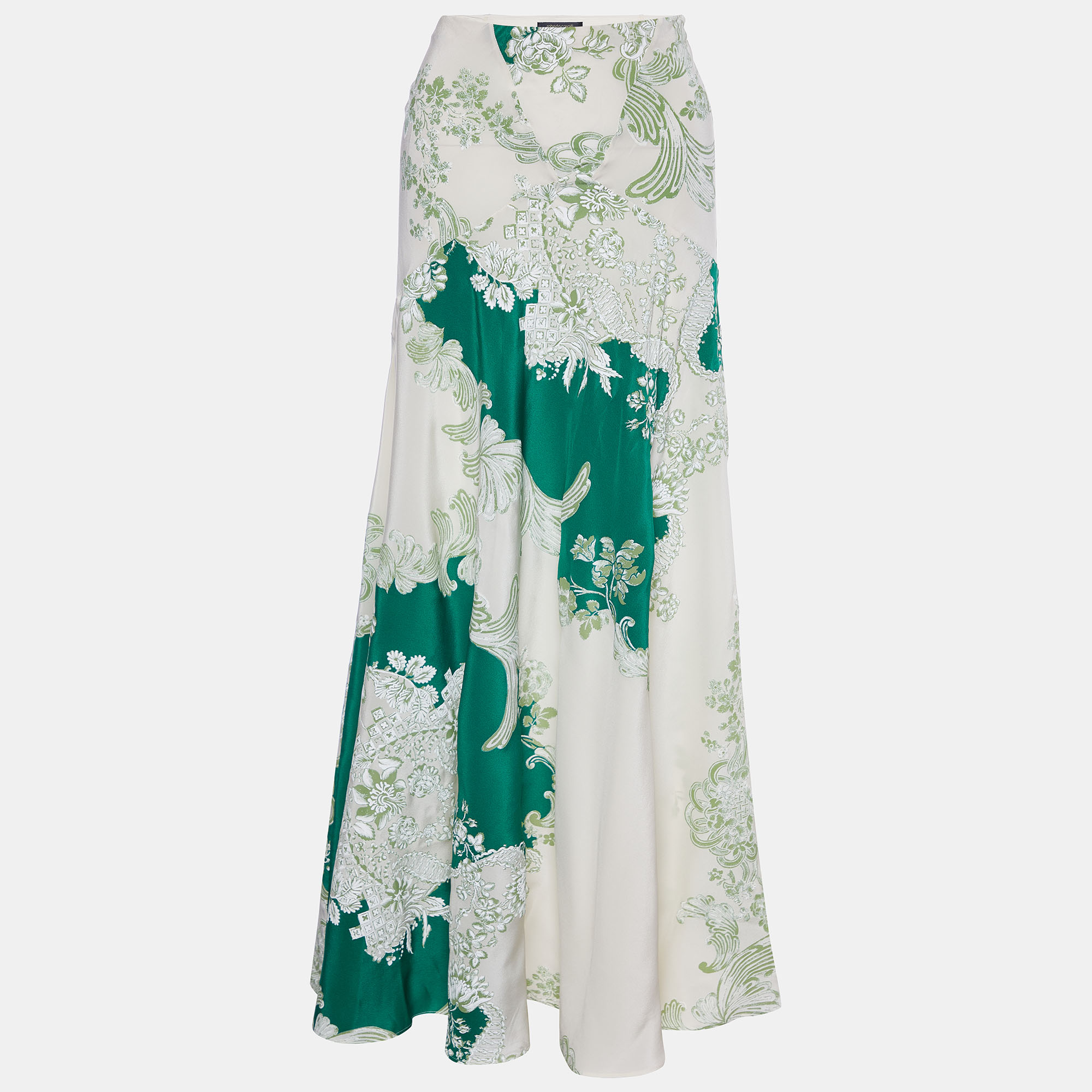 Pre-owned Roberto Cavalli Cream & Green Floral Print Silk Maxi Skirt M