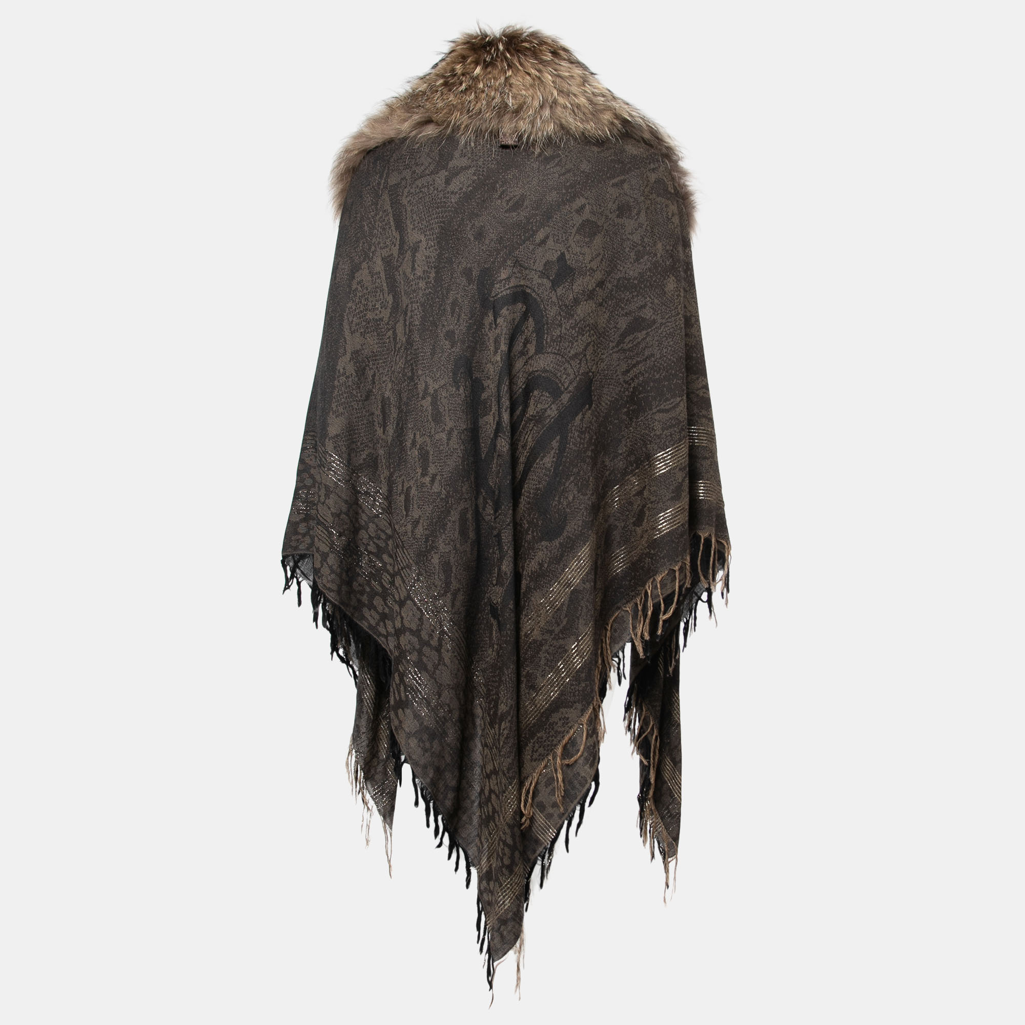 

Roberto Cavalli Brown Wool Fur Trimmed Collared Cape