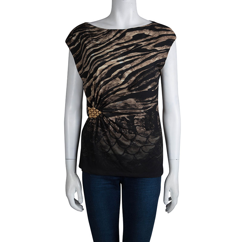 

Roberto Cavalli Animal Print Knit Brooch Detail Ruched Top, Multicolor