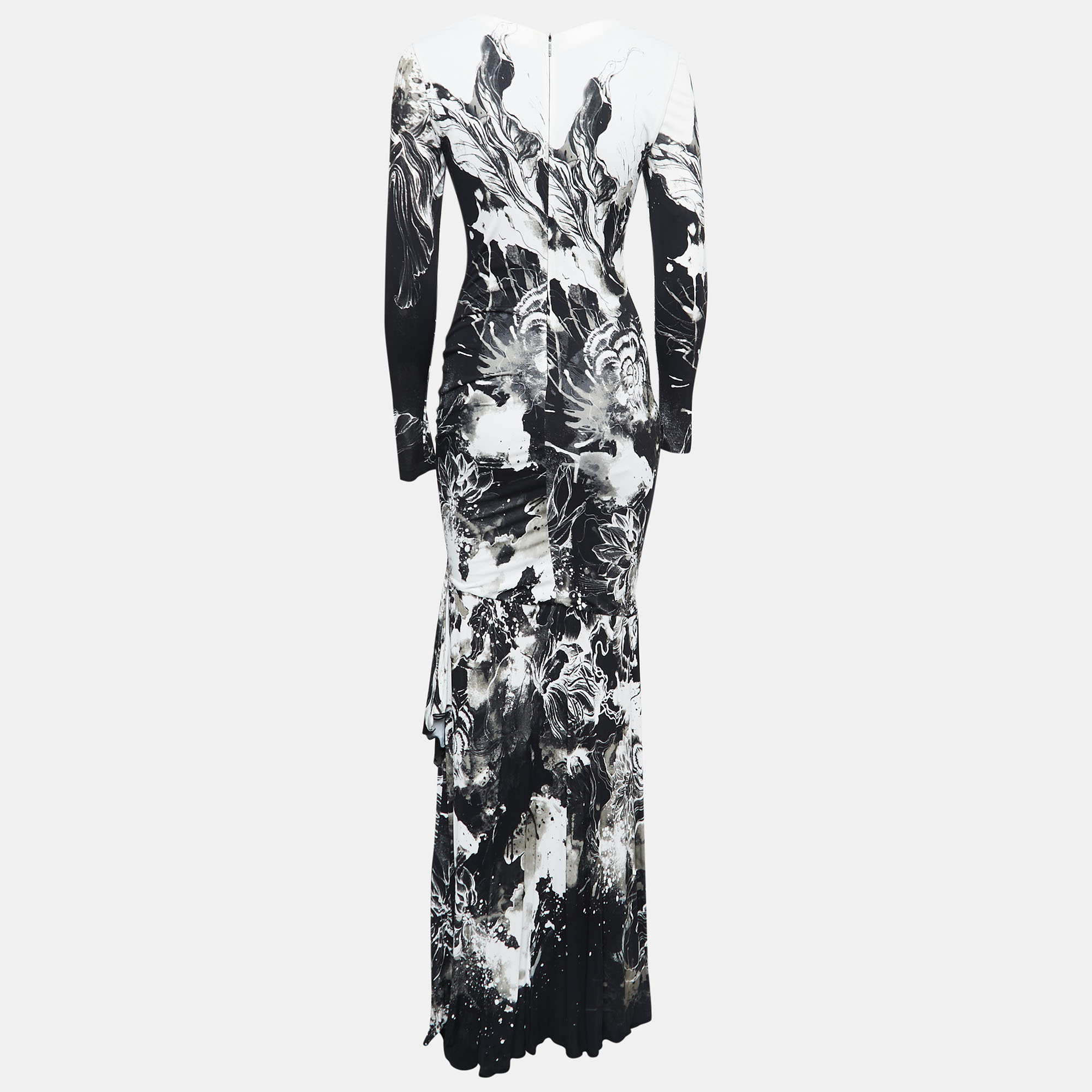 

Roberto Cavalli Black Abstract Printed Jersey Ruched Maxi Dress