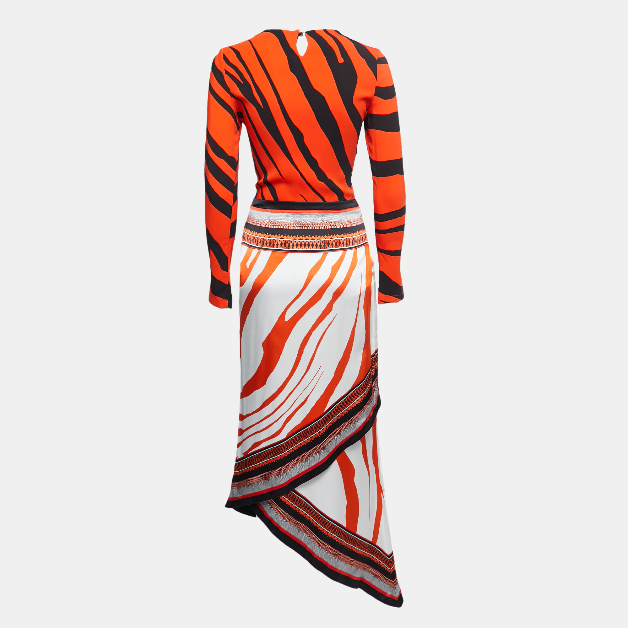 

Roberto Cavalli Orange Animal Printed Full Sleeve Draped Asymmetrical Dress