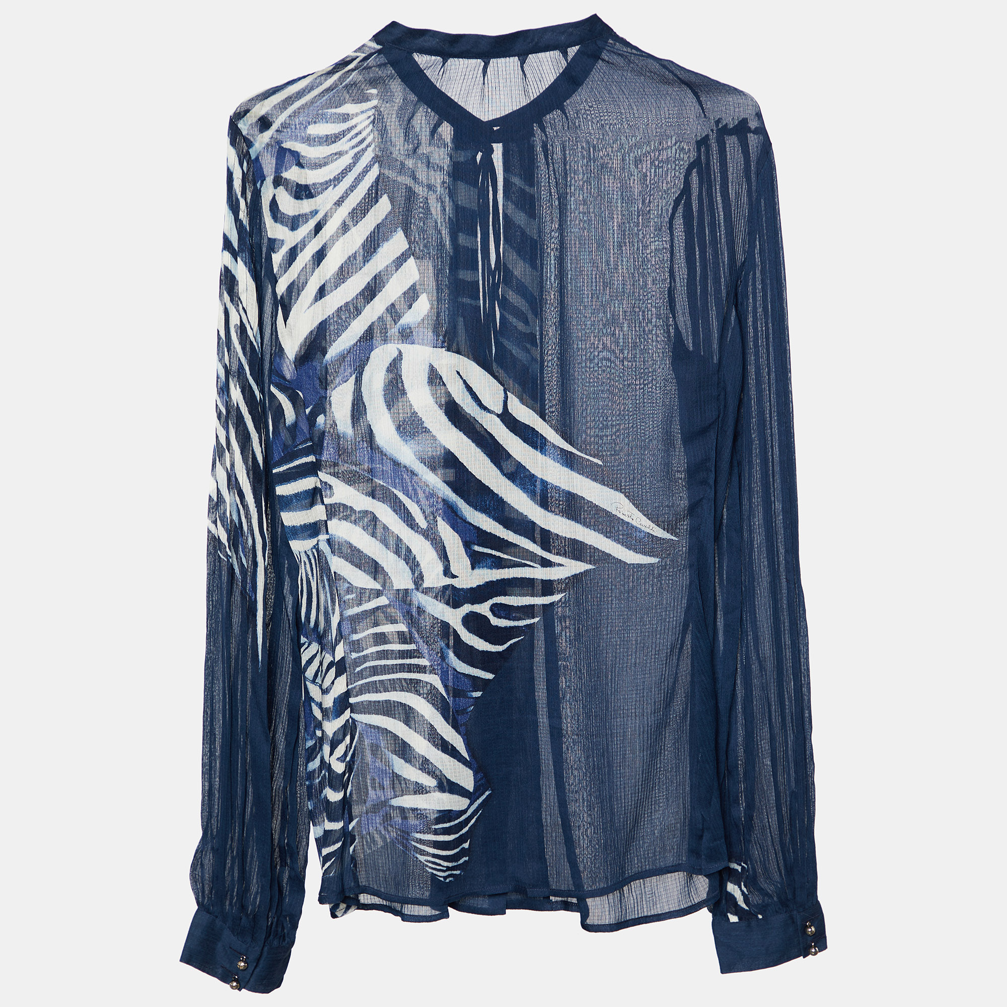 

Roberto Cavalli Navy Blue Printed Cotton & Silk Tie Detail Shirt