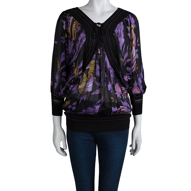 

Roberto Cavalli Multicolor Floral Printed Silk Sheer Blouse