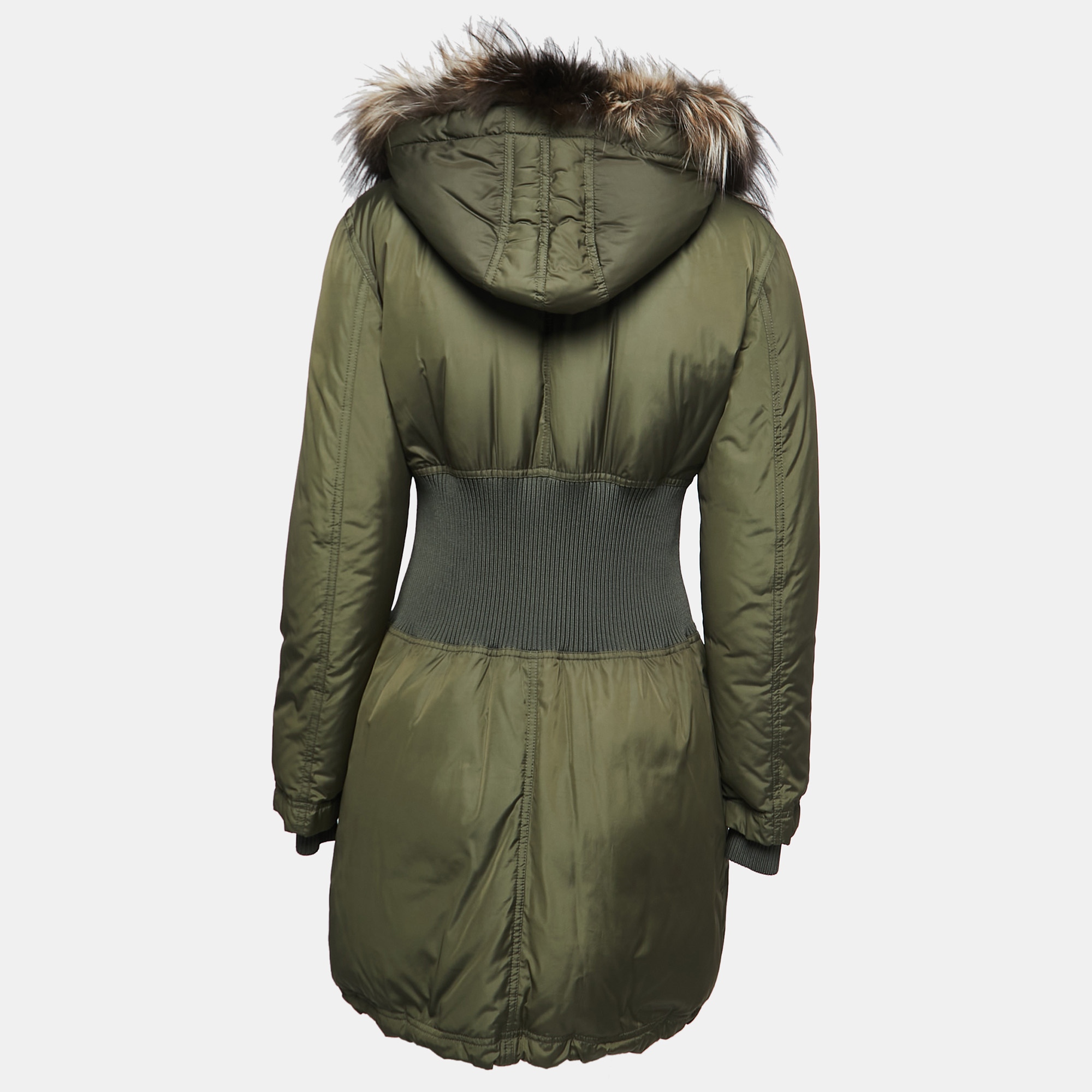 

Roberto Cavalli Military Green Synthetic and Fur Trimmed Hooded Paded Coat