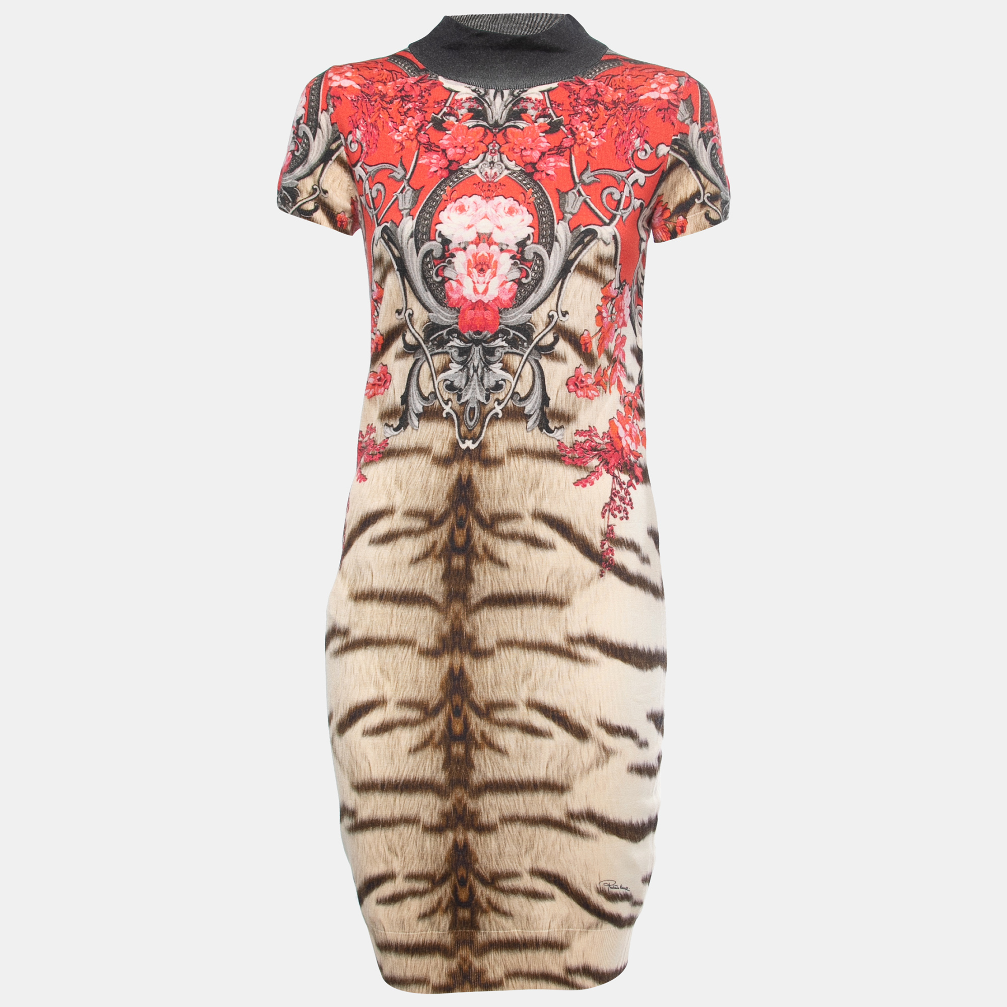 Pre-owned Roberto Cavalli Multicolor Floral And Animal Printed Knit Polo Neck Midi Dress M
