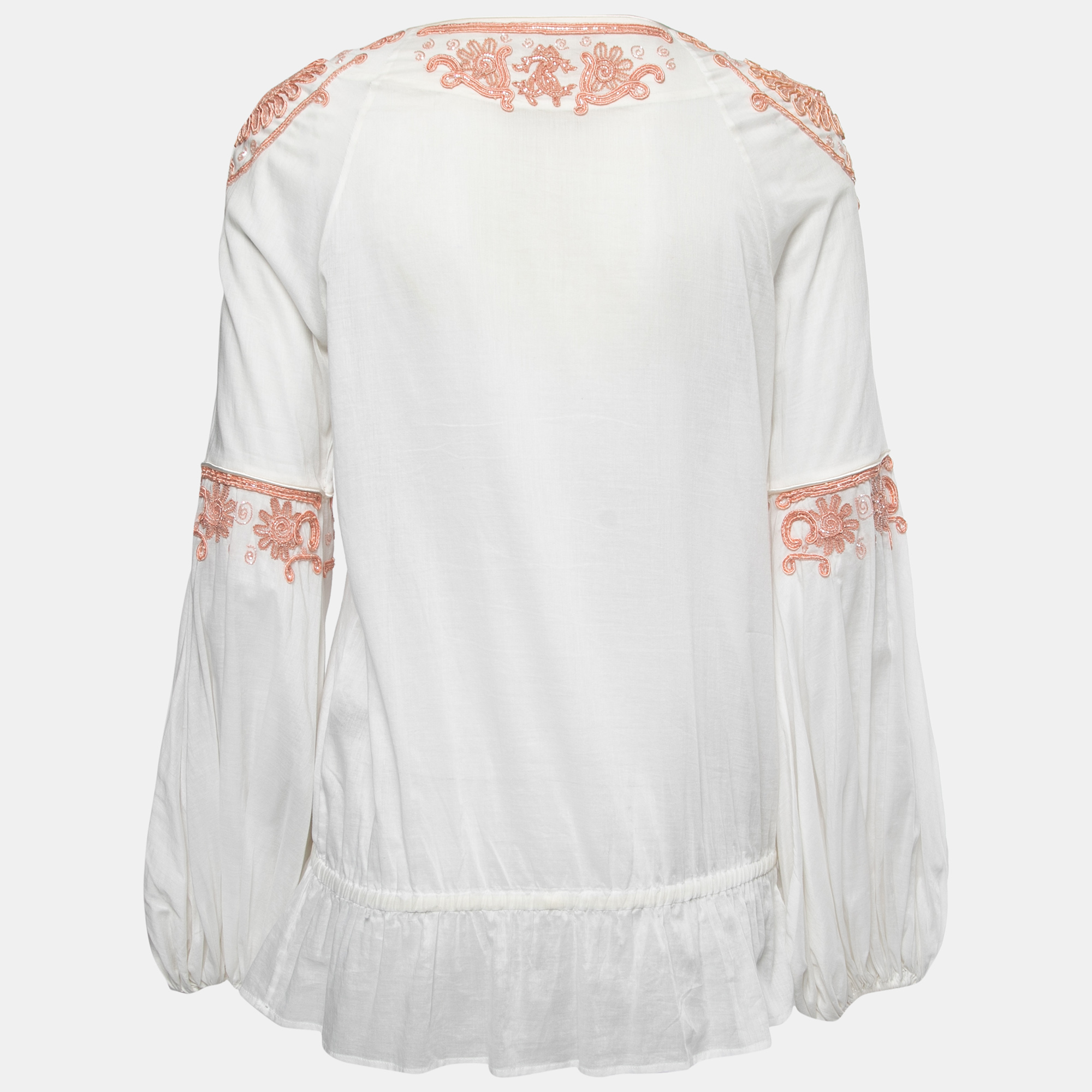 

Roberto Cavalli White Cotton Embellished Peasant Blouse