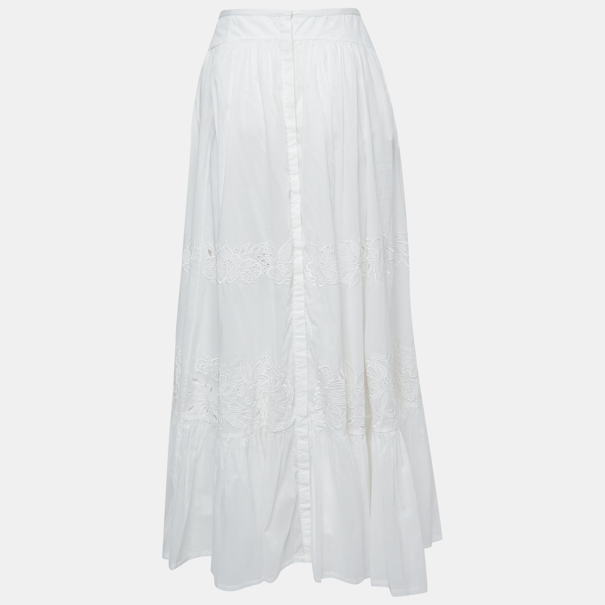 

Roberto Cavalli White Cotton Lace Detail Gathered Maxi Skirt