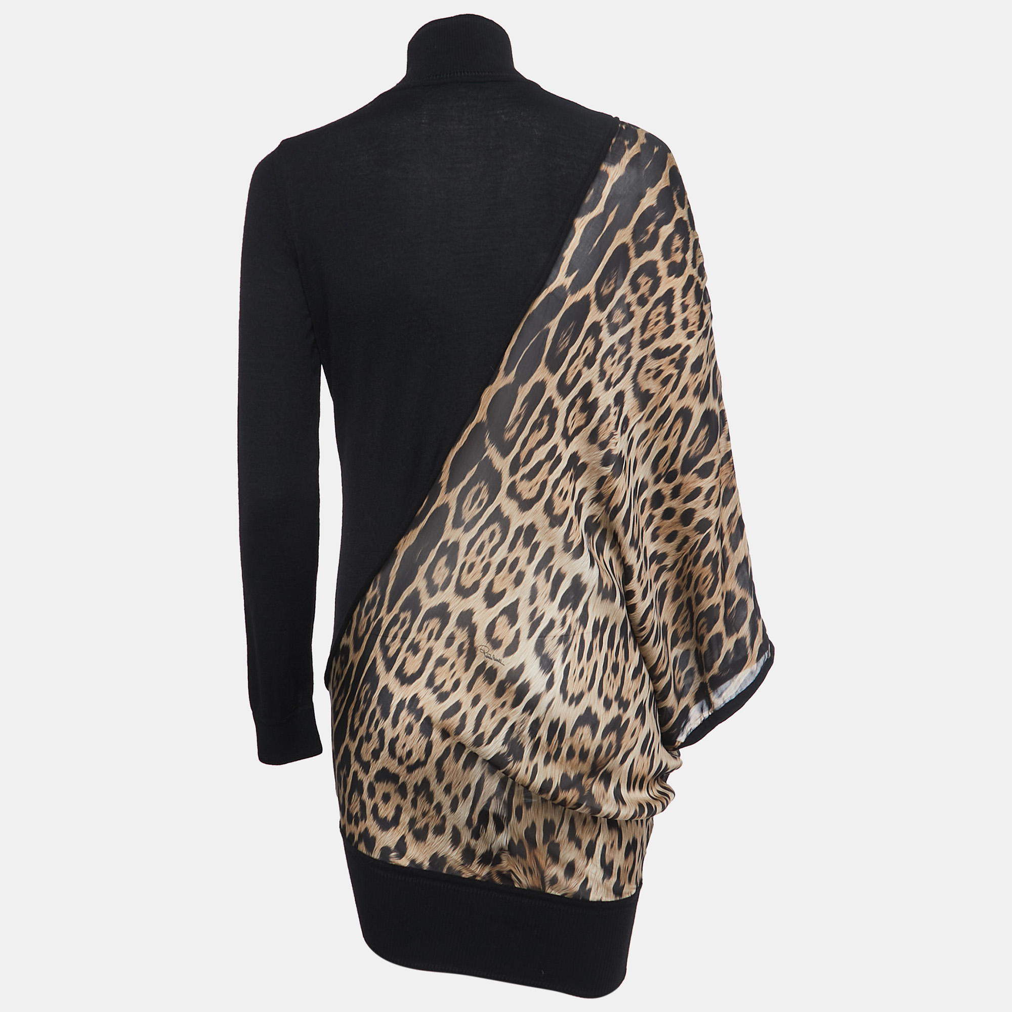 

Roberto Cavalli Black Python Print Silk and Knit Turtleneck Asymmetrical Sweater Dress