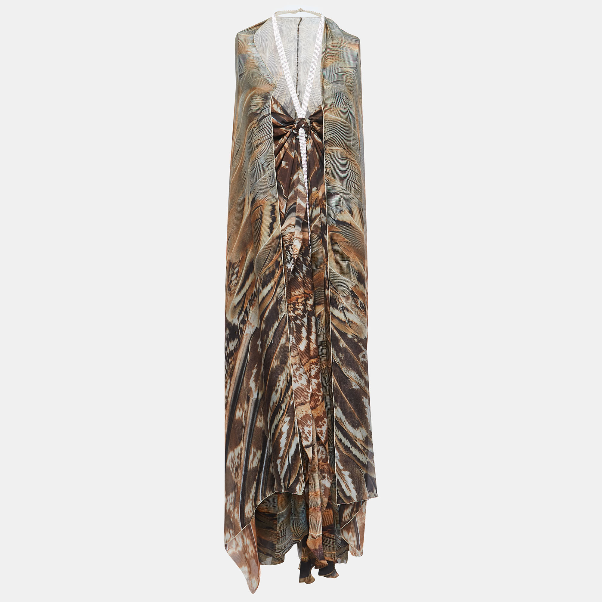 

Roberto Cavalli Brown Animal Print Bias Cut Silk Chiffon Strapless Gown