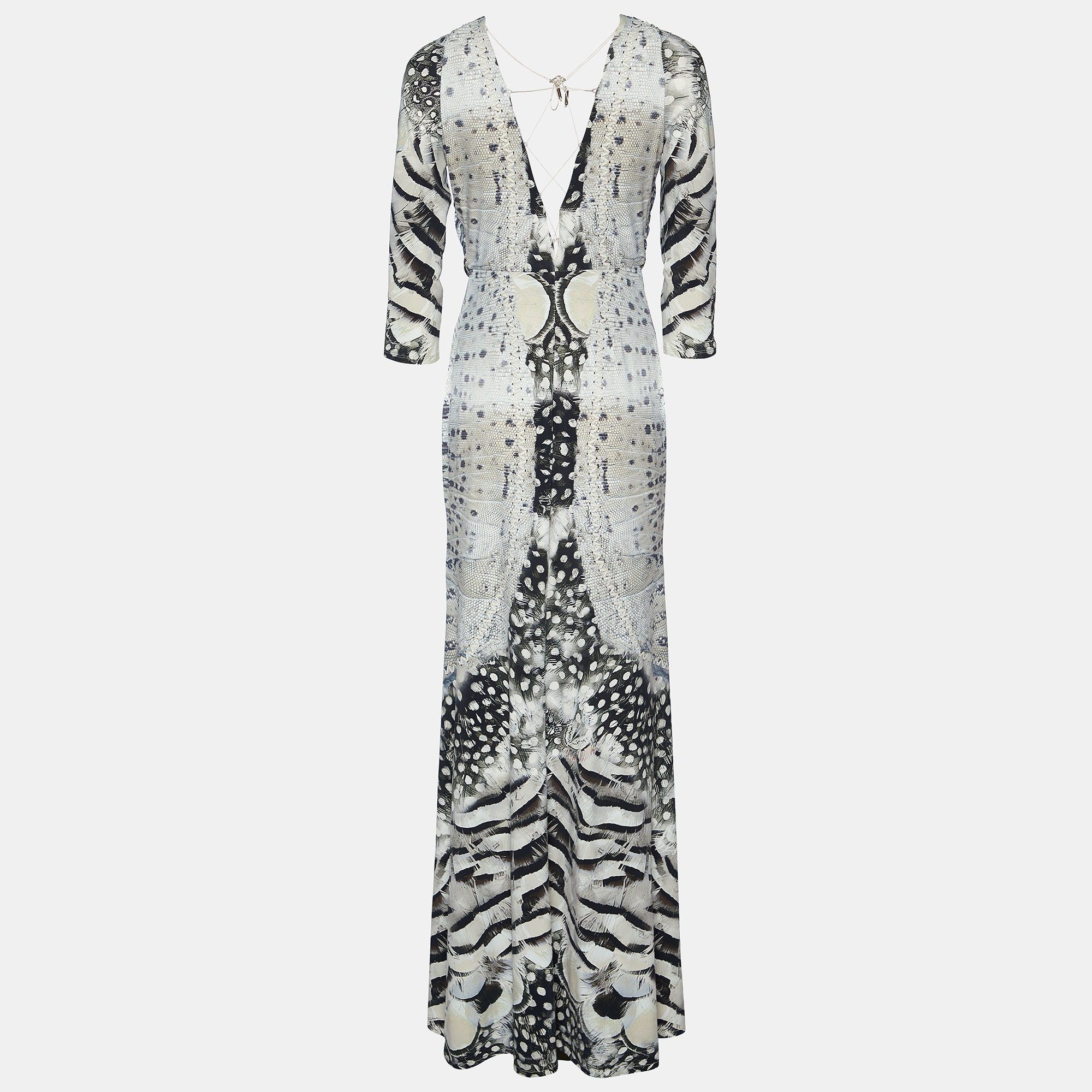 

Roberto Cavalli Grey printed Jersey Lace Tie Detail Maxi Dress