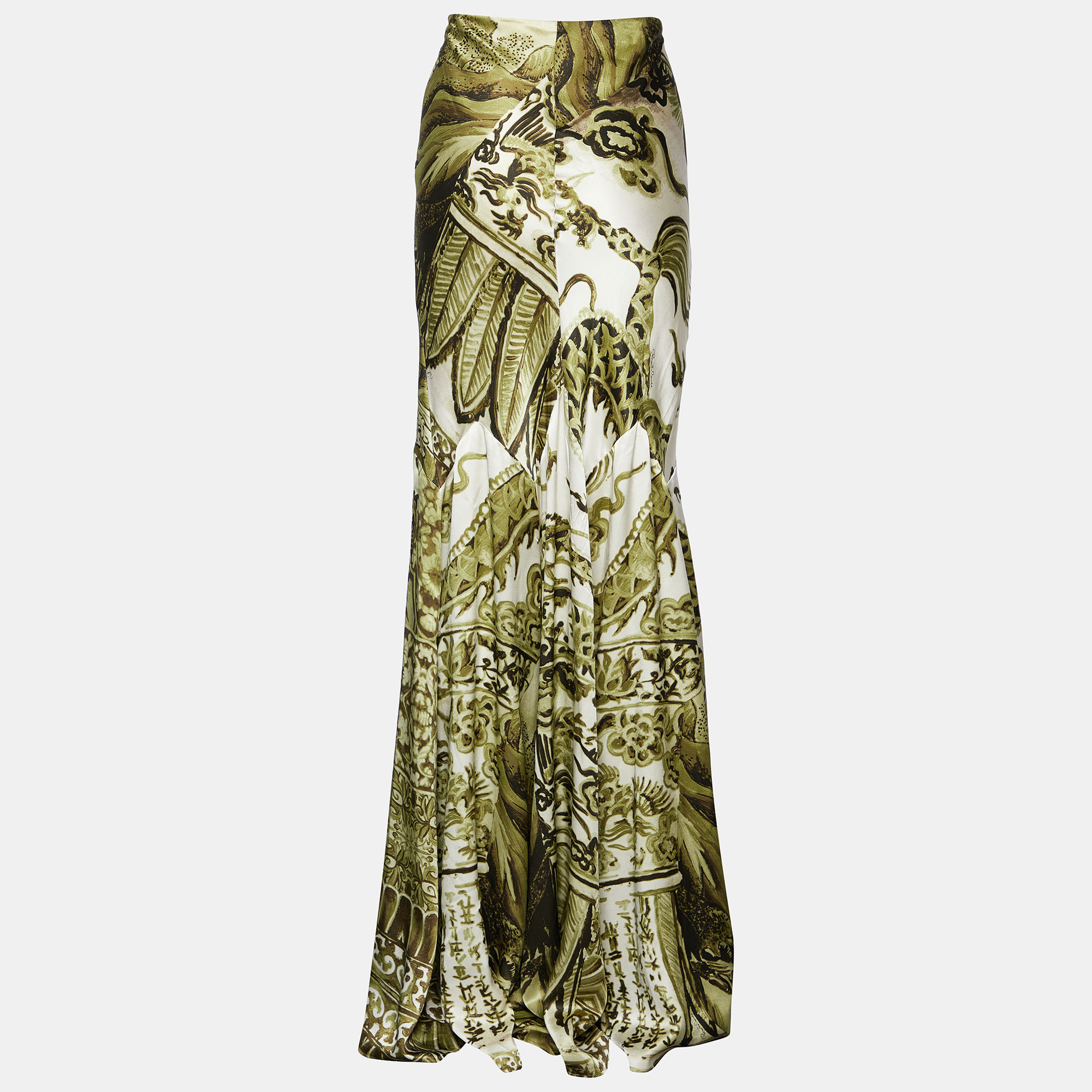 

Roberto Cavalli Green Printed Satin Silk Flared Hem Maxi Skirt