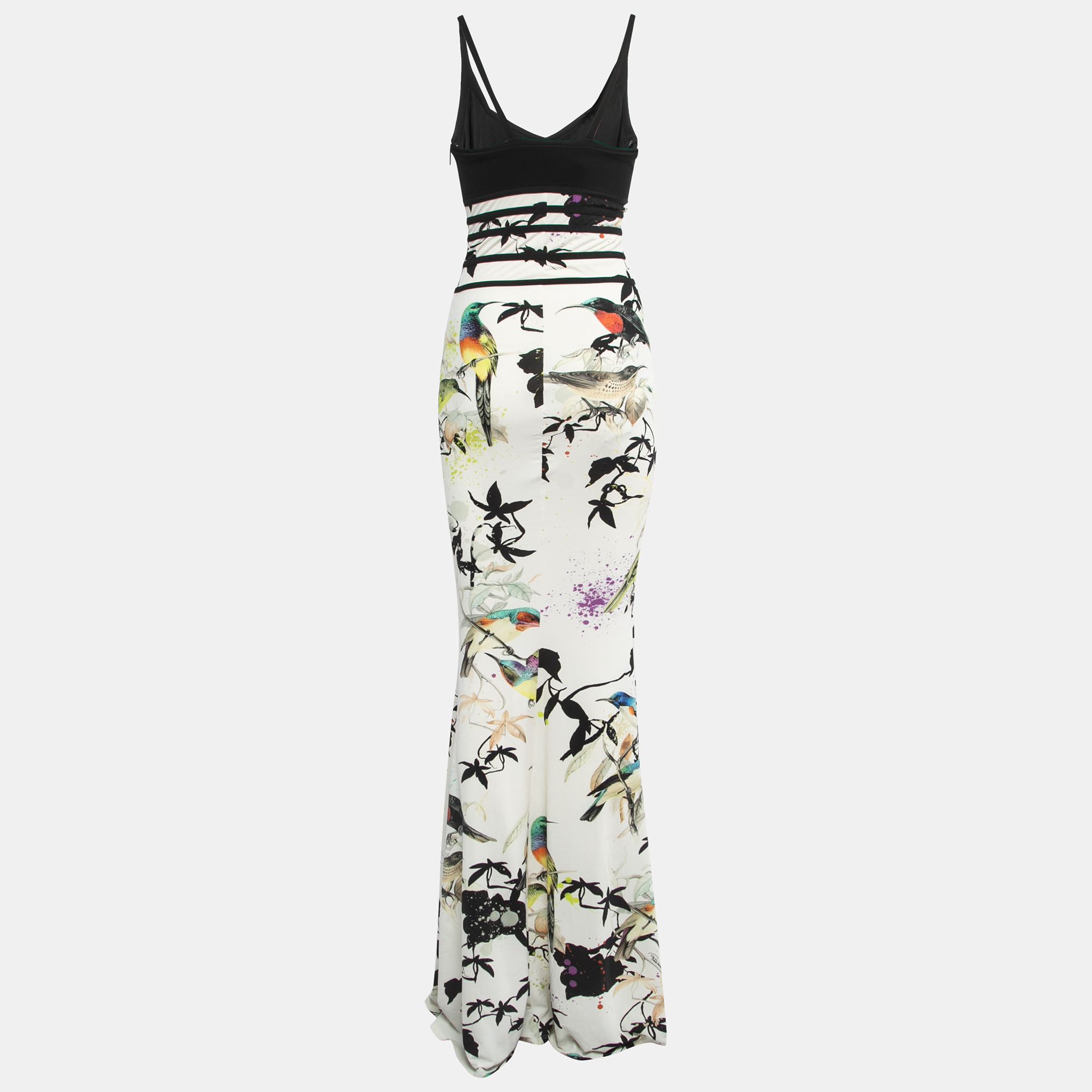 

Roberto Cavalli White/Black Birds Printed Jersey Sleeveless Long Dress