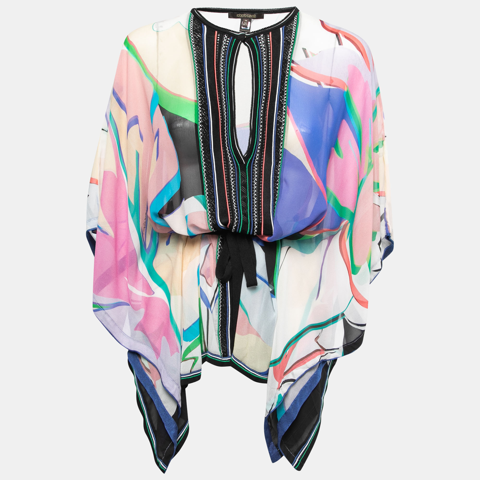 

Roberto Cavalli Multicolor Printed Silk Chiffon Waist Tie Detail Kaftan Top S