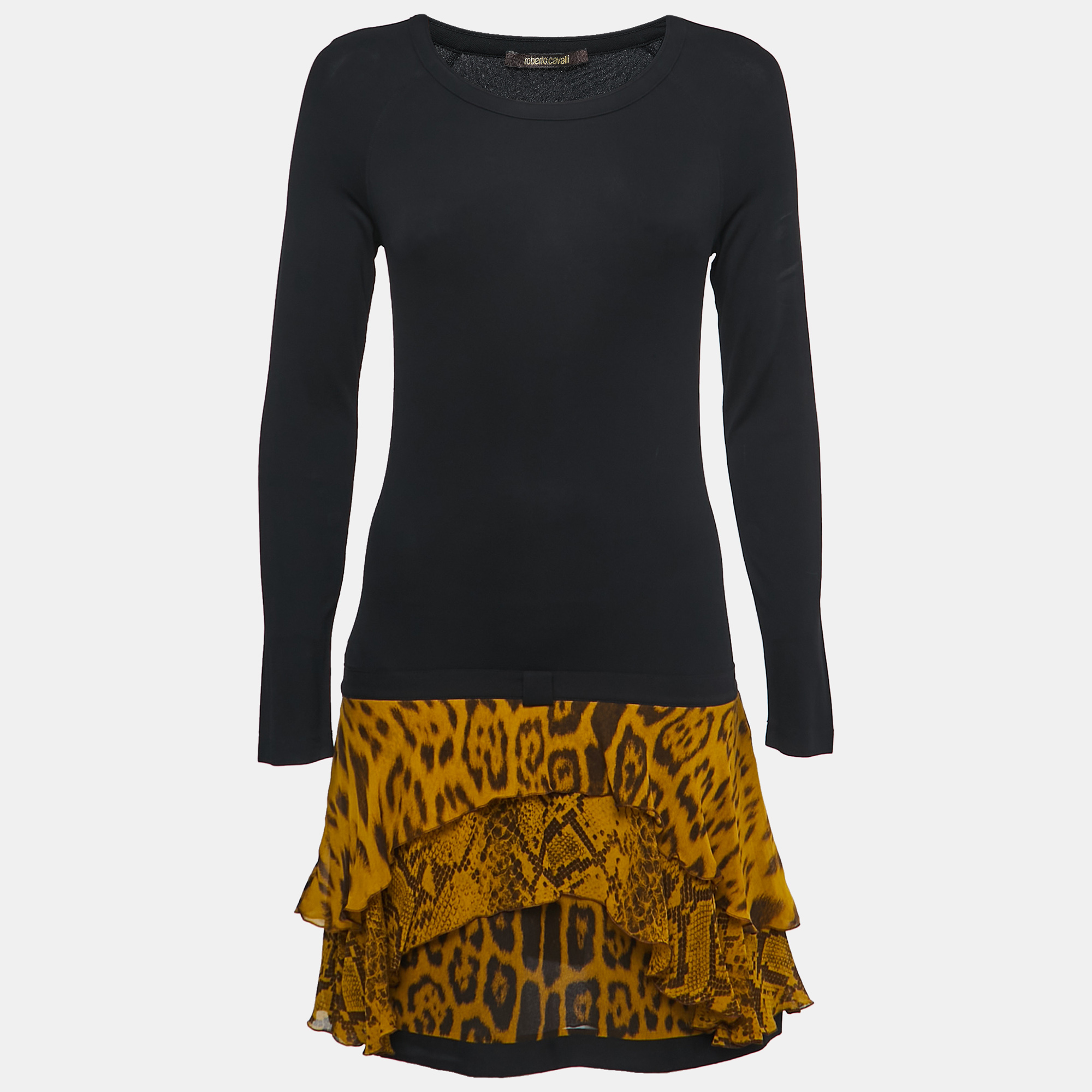 

Roberto Cavalli Black Animal Print Silk & Jersey Full Sleeve Flared Short Dress