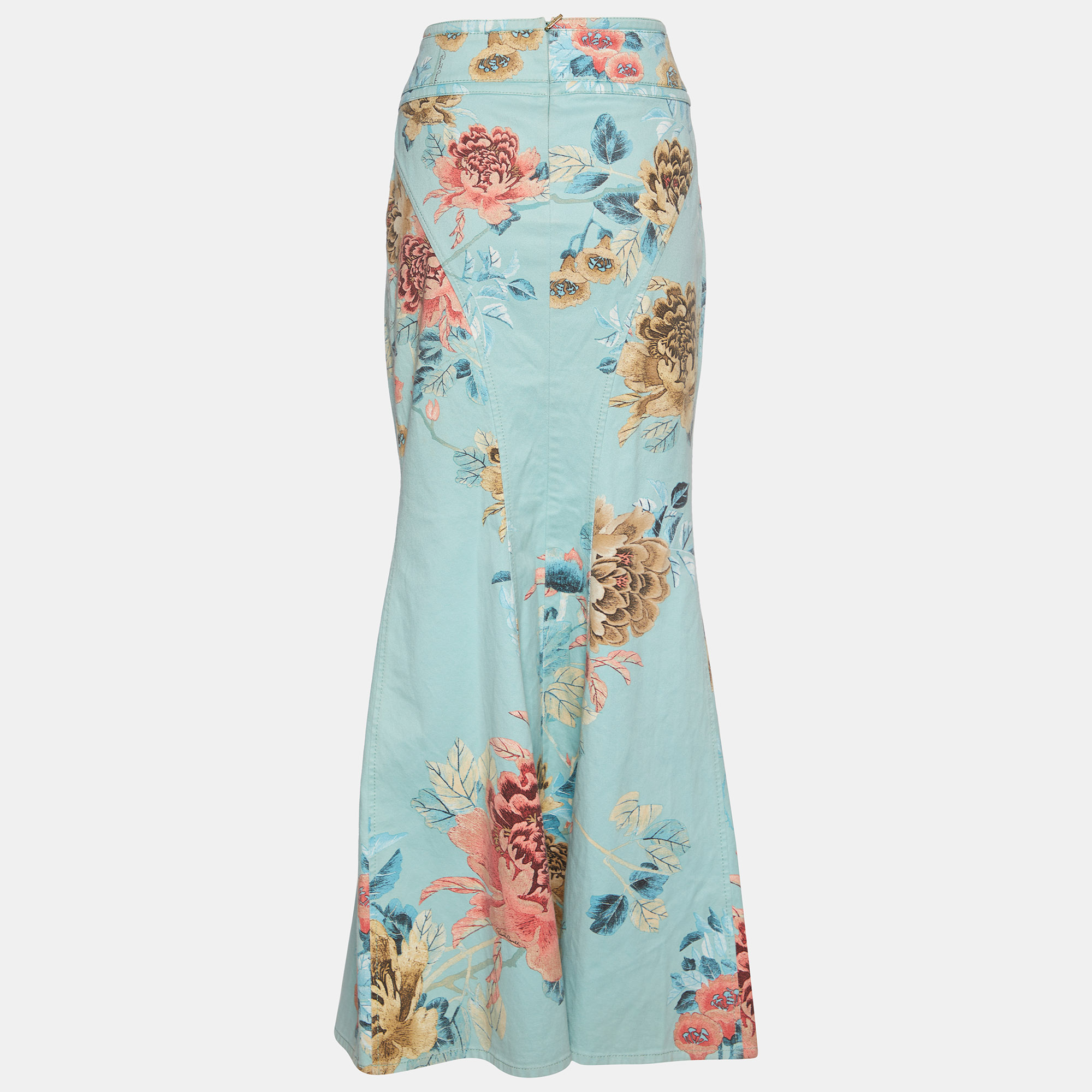 

Roberto Cavalli Sea Green Floral Printed Denim Tie Detail Fitted Maxi Skirt